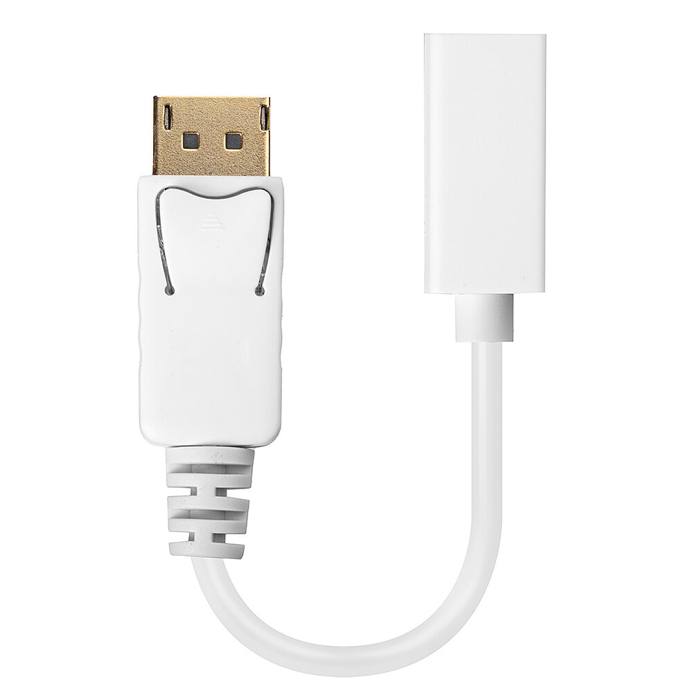 Un cable adaptador DisplayPort blanco con un conector chapado en oro y un cable corto y flexible.