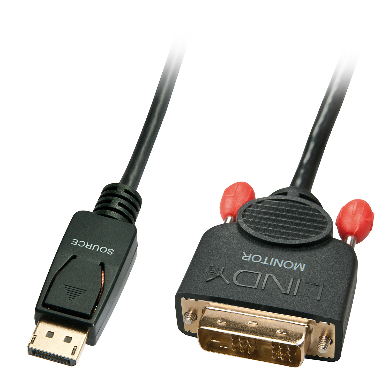 Un cable negro DisplayPort a DVI-D con conectores de rosca rojos sobre blanco.