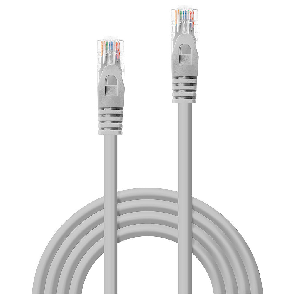 Twee grijze netwerkkabels met doorzichtige connectoren, in een boog gerangschikt, op een witte achtergrond.
