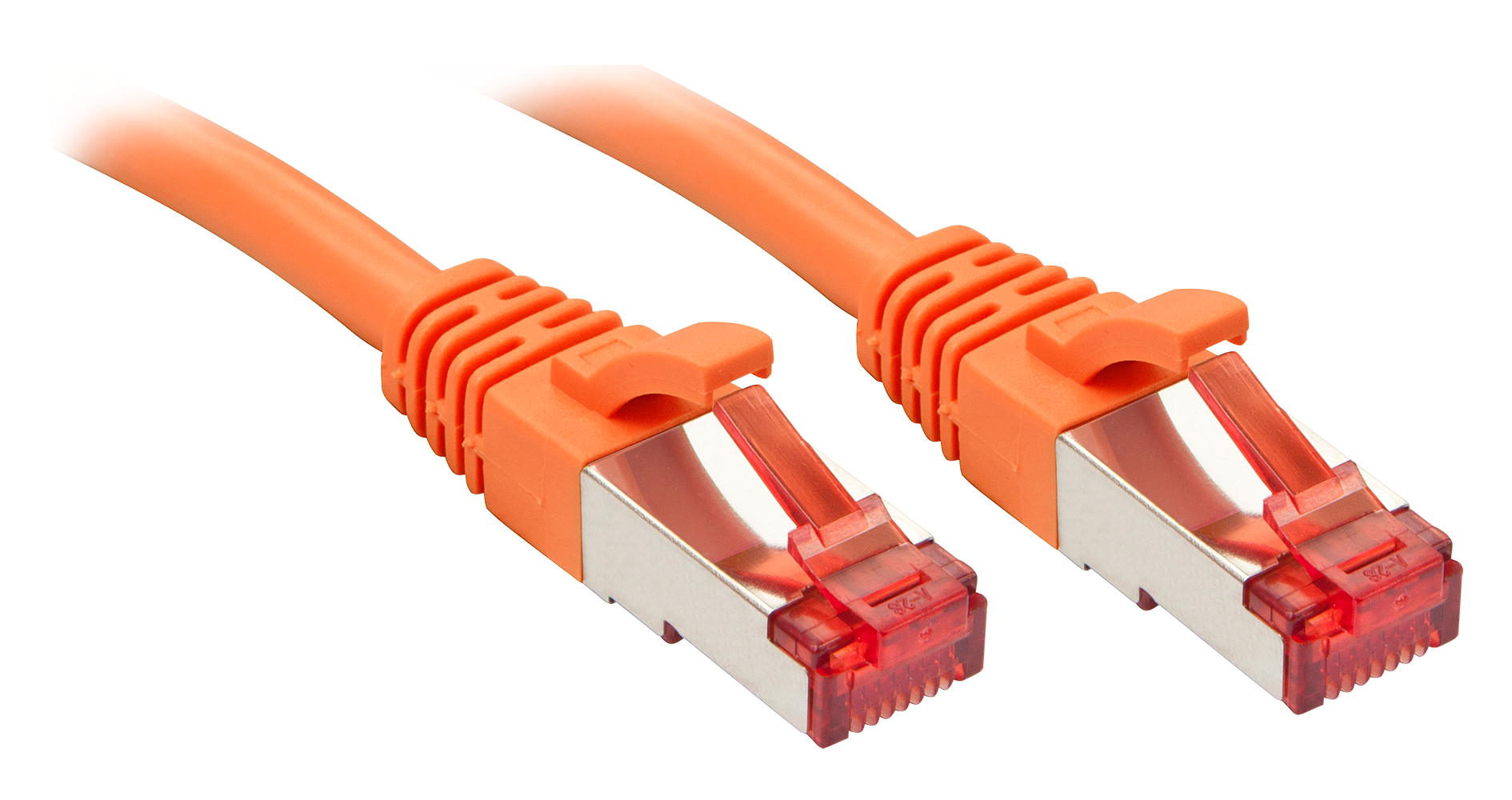 Dwa pomarańczowe kable Ethernet z wtyczkami, lekko pochylone. Białe tło.