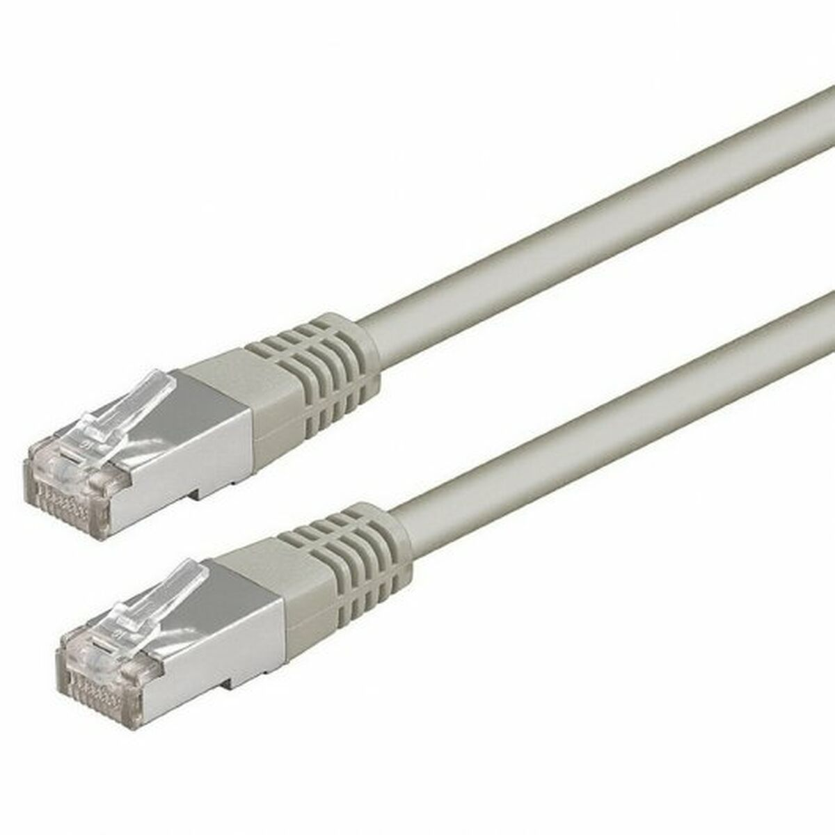 Dwa szare kable Ethernet z wtyczkami. Białe tło.