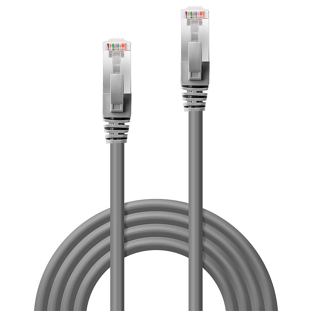 Due cavi Ethernet grigi con connettori trasparenti sono ad anello.