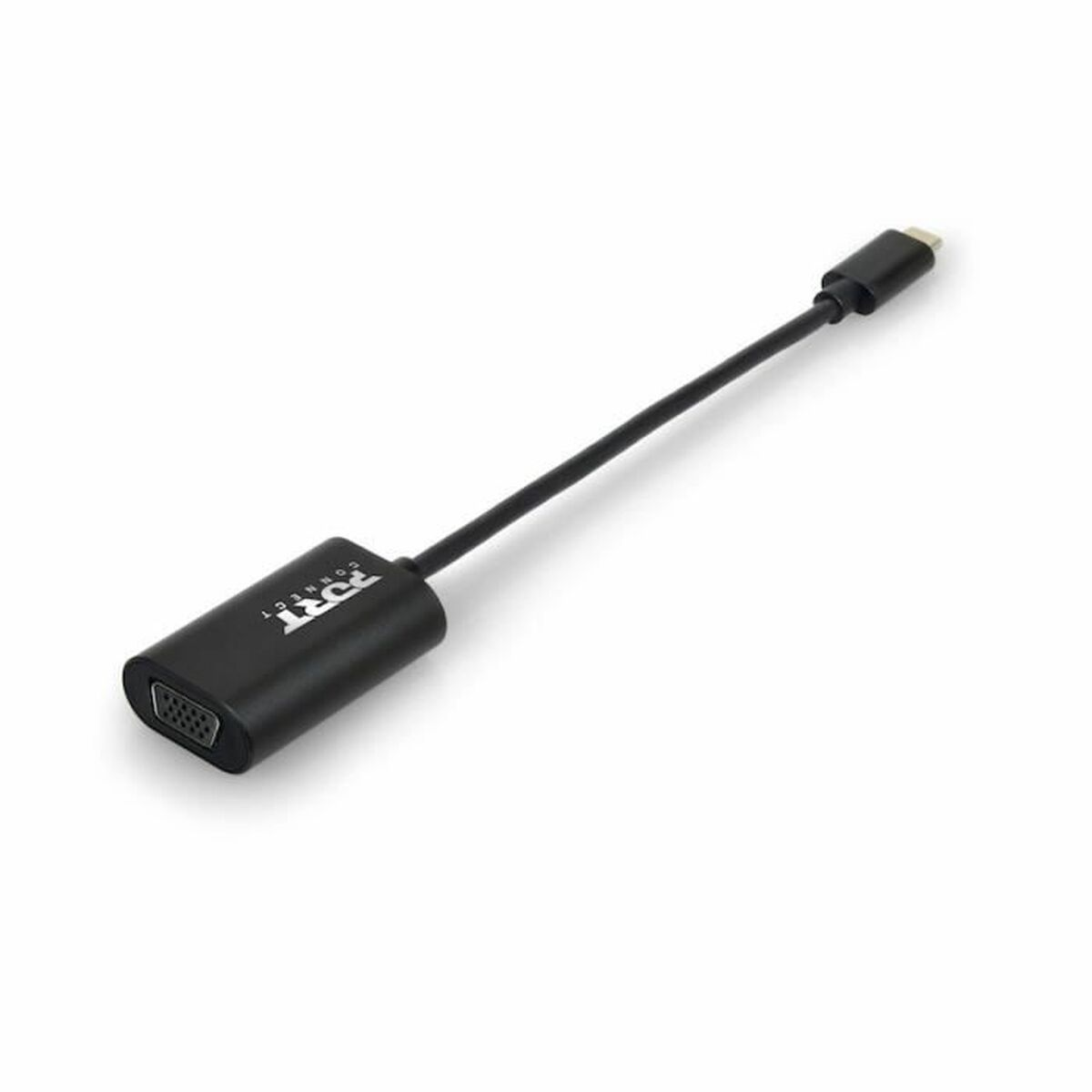 Adaptador negro con conector USB-C y puerto VGA sobre superficie blanca.
