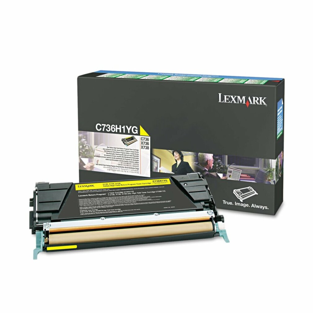 Una cartuccia toner Lexmark e la sua scatola. La scatola ha testo e una foto di una donna.