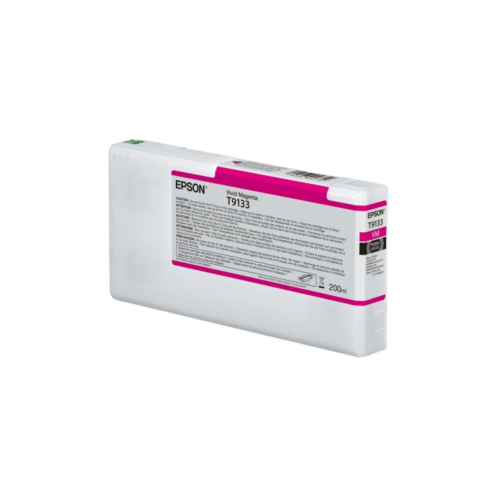 Eine magenta Tintenpatrone für einen Epson-Drucker befindet sich auf weißem Hintergrund.