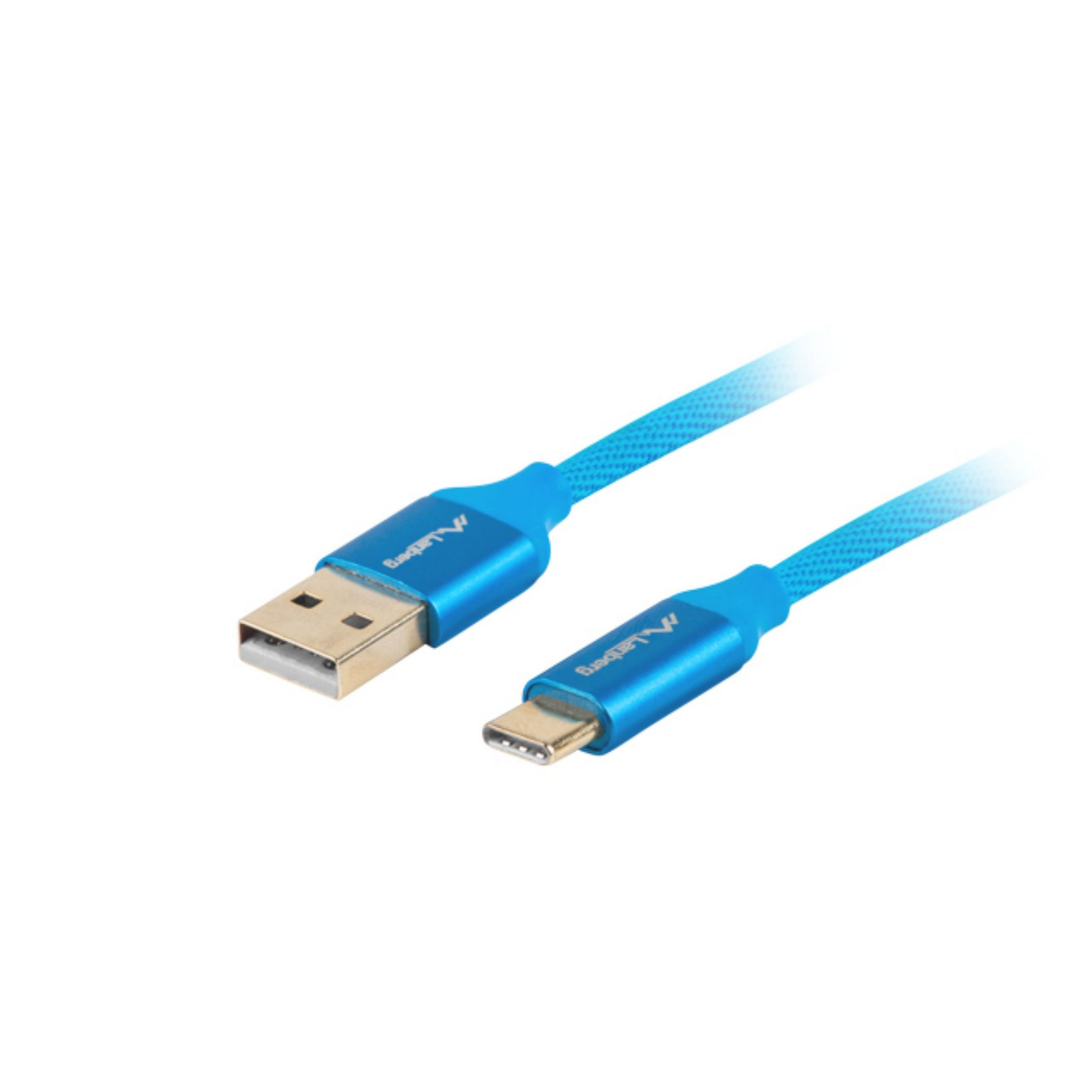 Un cavo blu da USB a USB-C, con il logo Lanberg sui connettori.