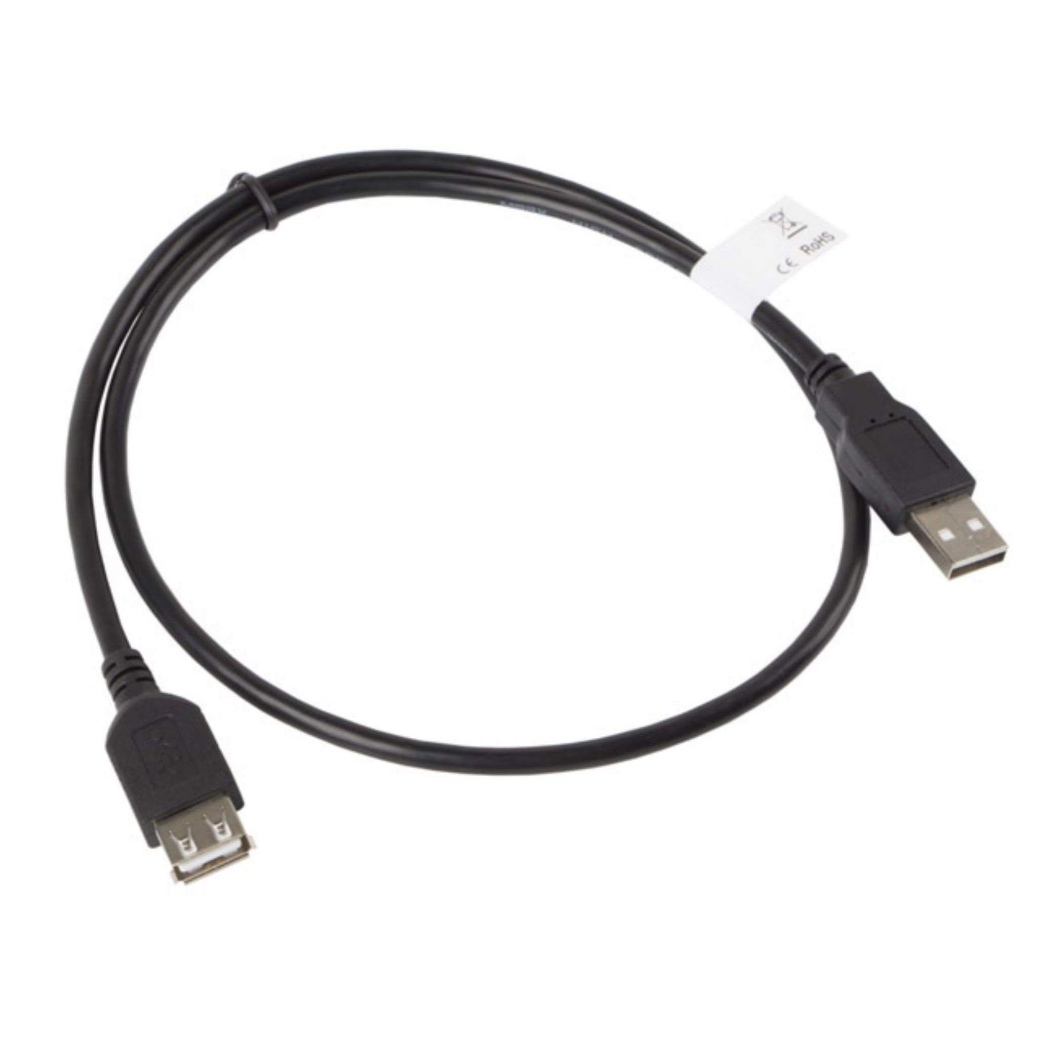 Un cavo USB nero con due connettori USB, uno maschio e uno femmina.