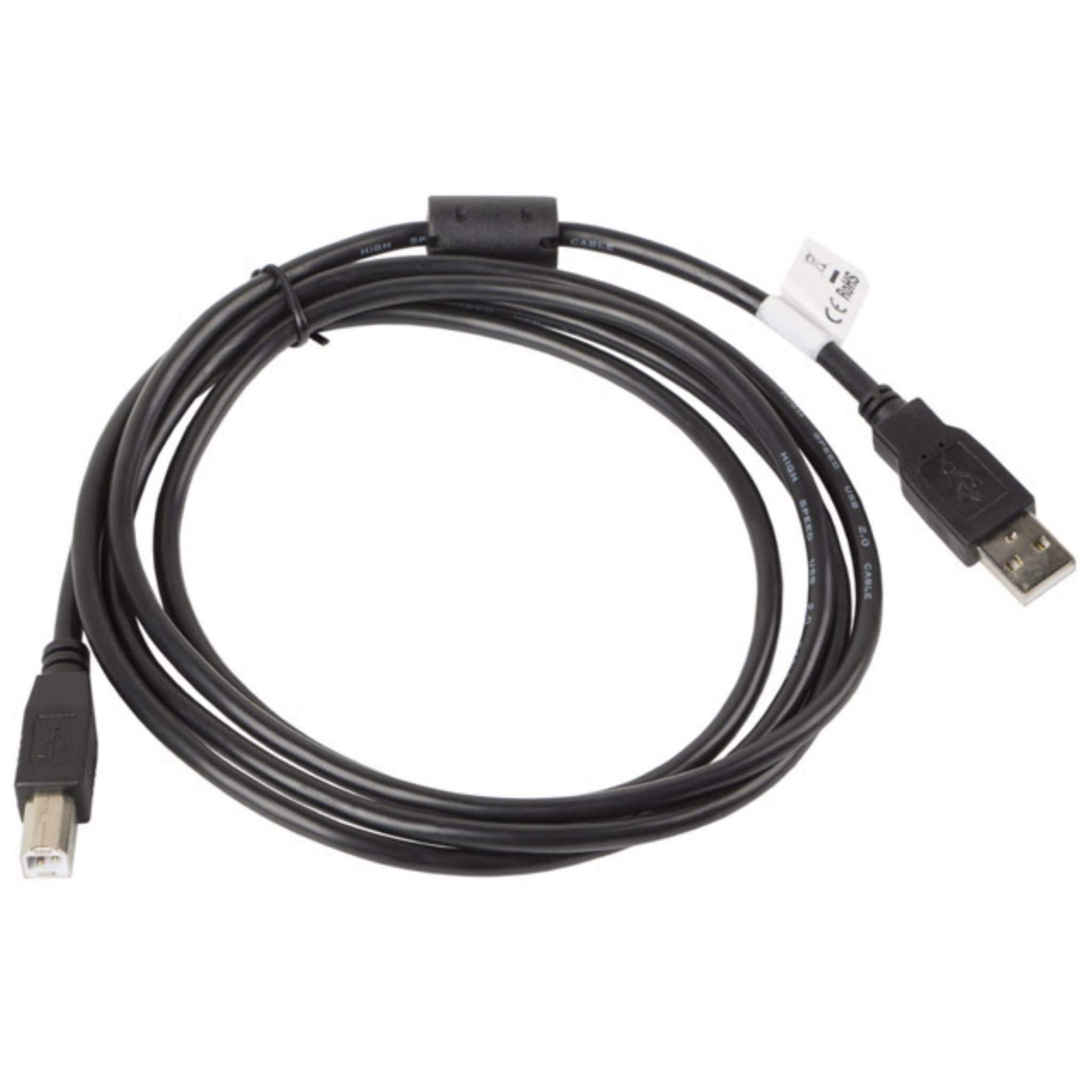 Un cavo USB nero con un connettore USB-A e USB-B.