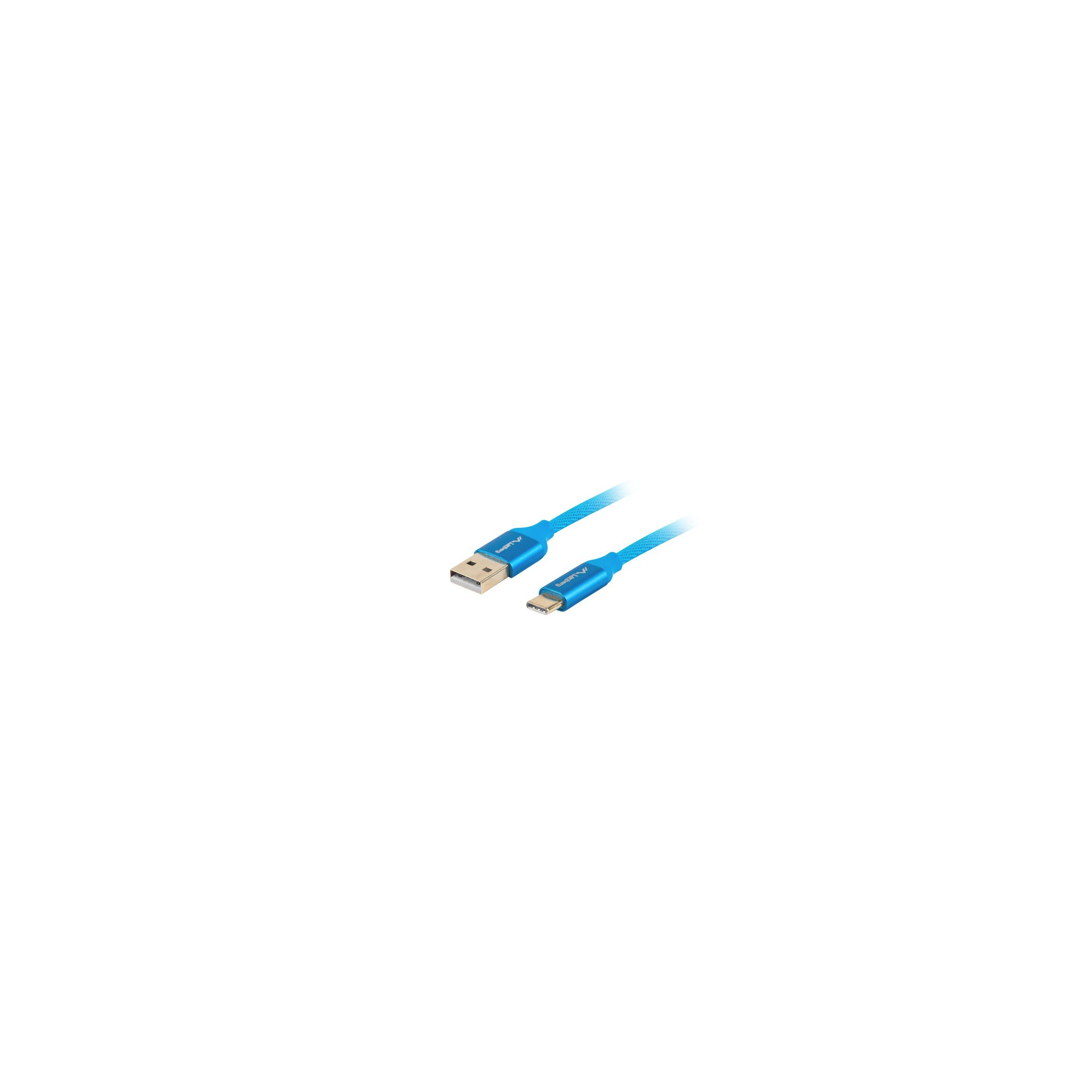 Un cavo blu da USB a USB-C, con il logo Lanberg sui connettori.