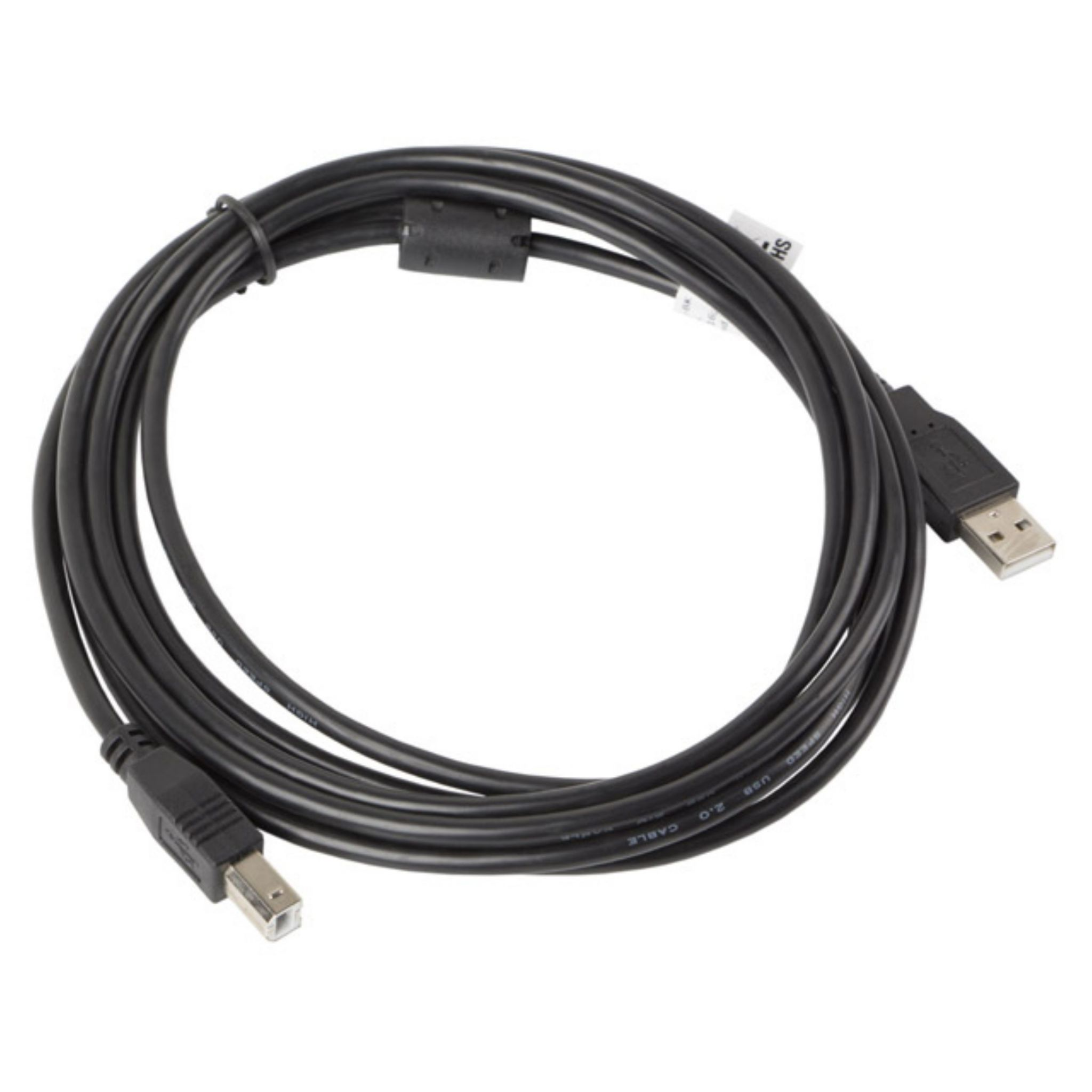 Un cavo USB nero, ad anello, con connettori USB. Uno è USB-A e l'altro USB-B.