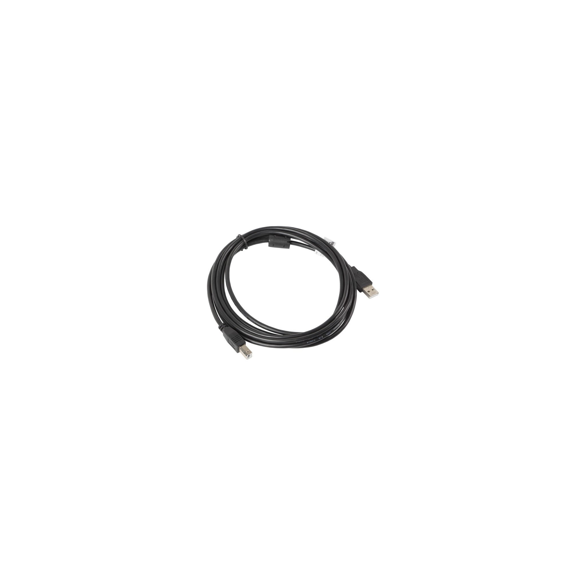 Un cavo USB nero, arrotolato, con due connettori USB. Sfondo bianco.
