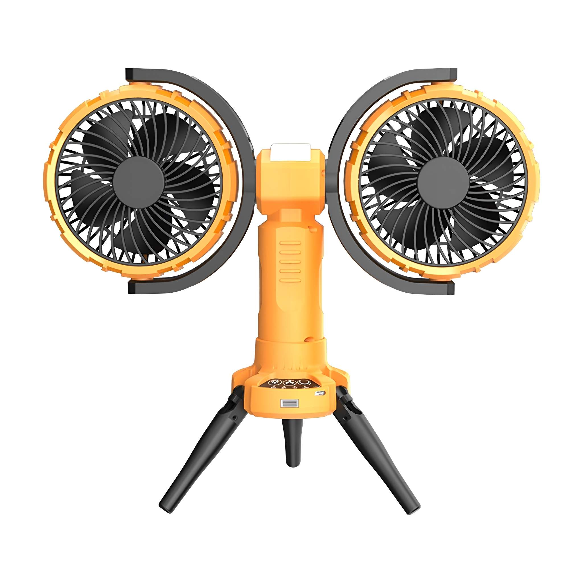 Ein orangefarbener und schwarzer tragbarer Ventilator auf einem Stativ.