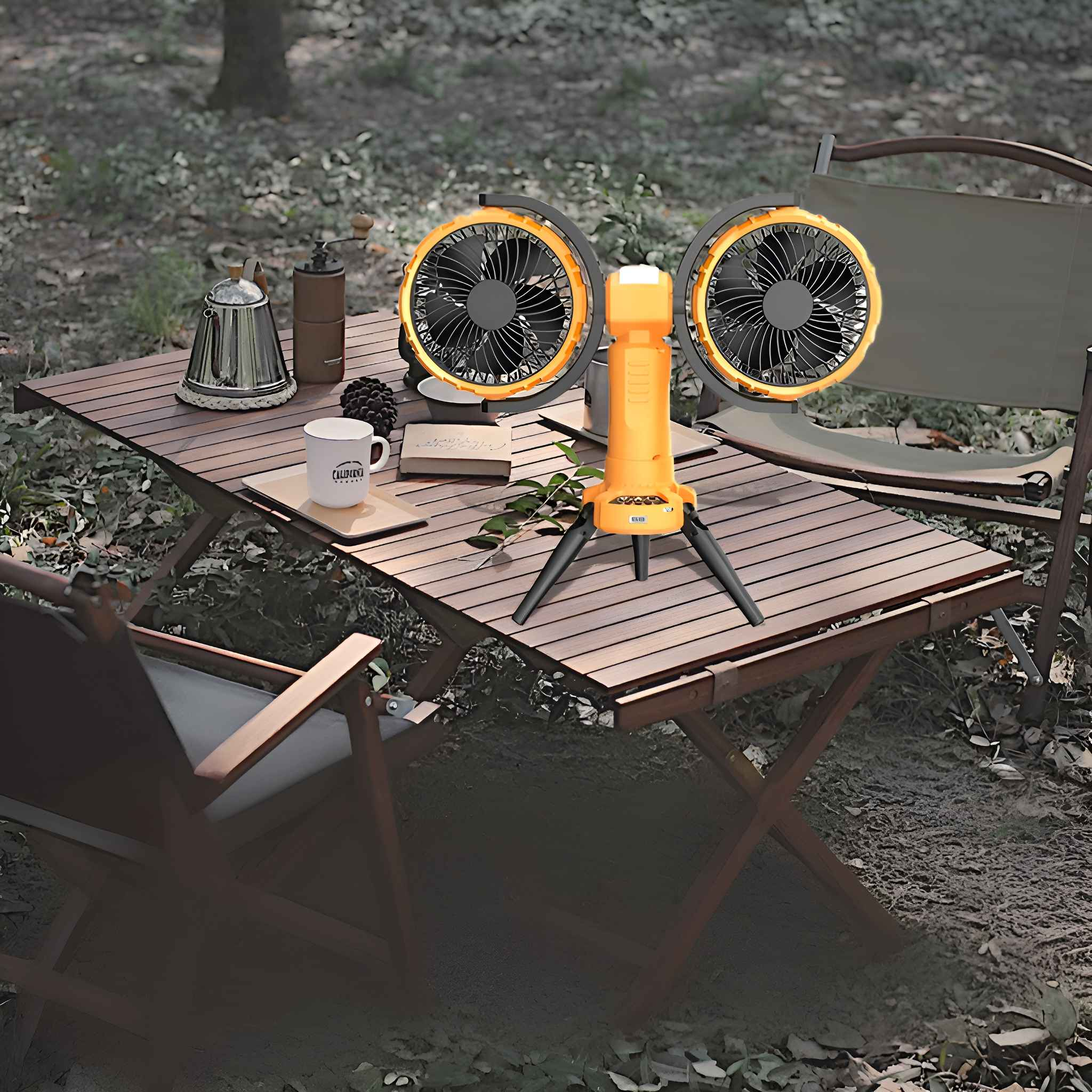 Szene im Freien mit Tisch, Ventilatoren und Lichtern. Die Ventilatoren stehen auf einem Stativ, es ist Tag.