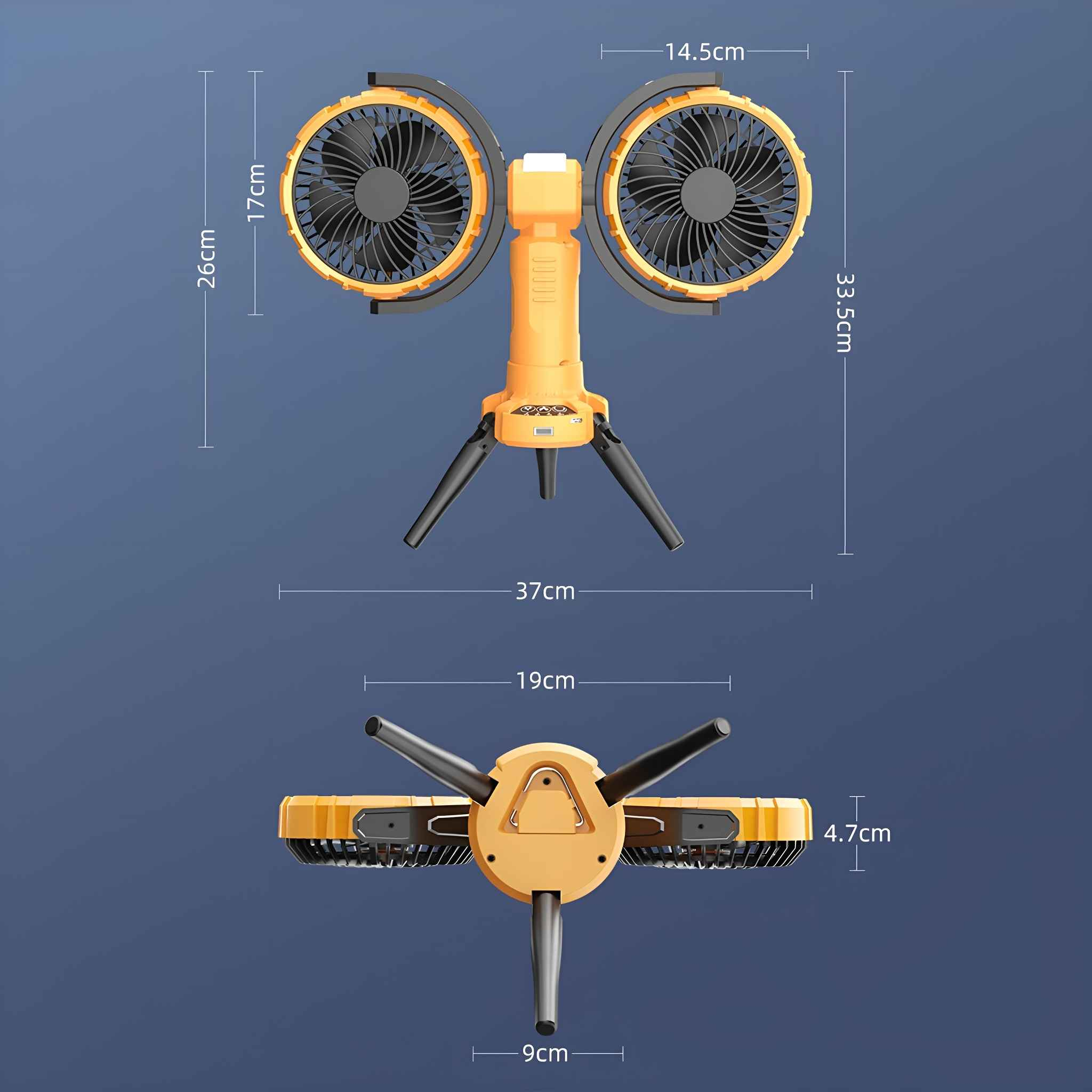 Abmessungen einer Lüfter- und Lichtkombination. Der Ventilator ist orange und schwarz, mit Messungen.