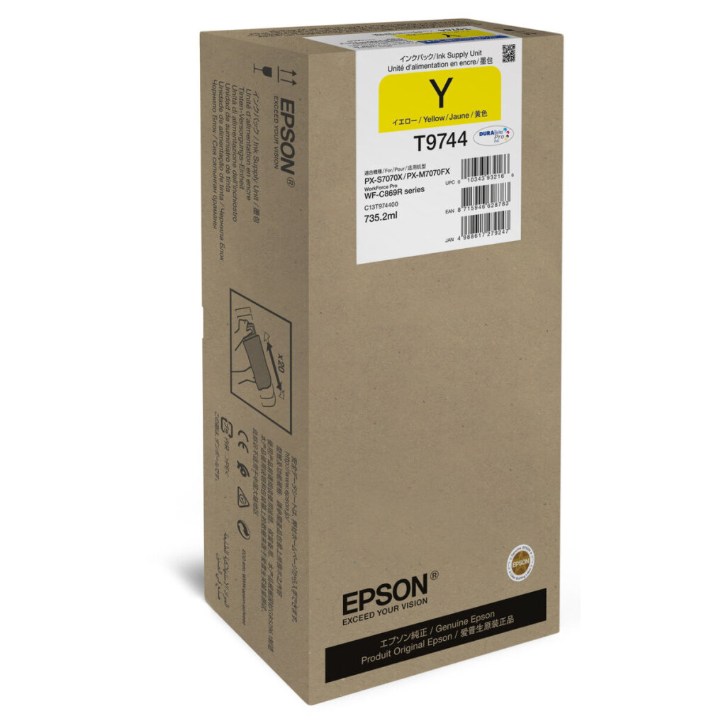 Caja de cartucho de tinta Epson. Cartucho de tinta amarillo visible. Logotipo de Epson.