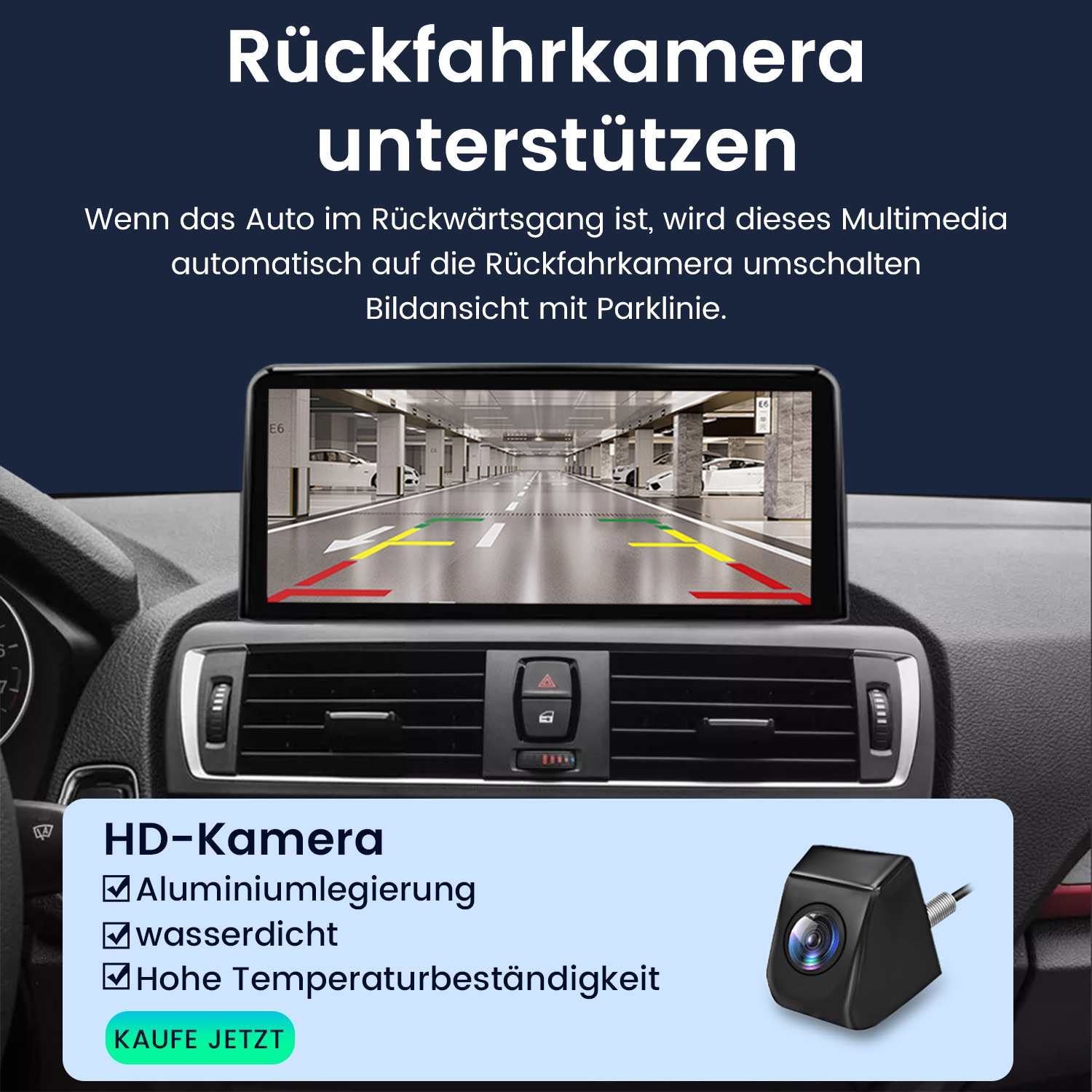 Armaturenbrett mit Multimedia-Bildschirm, der die Ansicht der Parkkamera zeigt. Eine schwarze Kamera ist sichtbar.