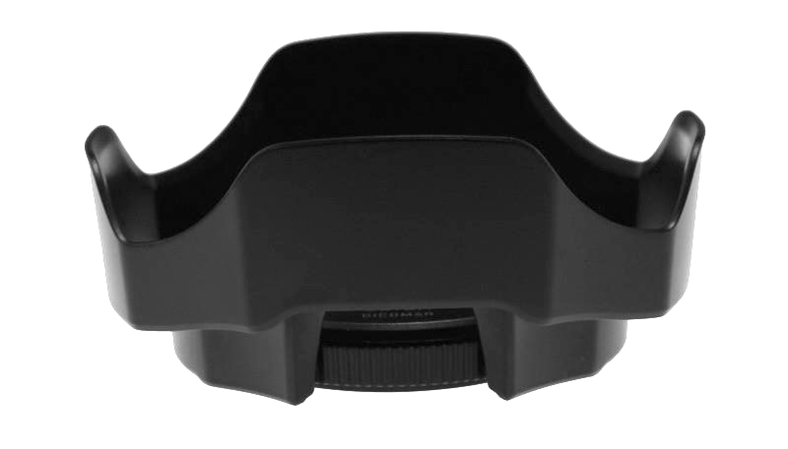Schwarze Sonnenblende mit gebogenem Design und kreisförmiger Basis.