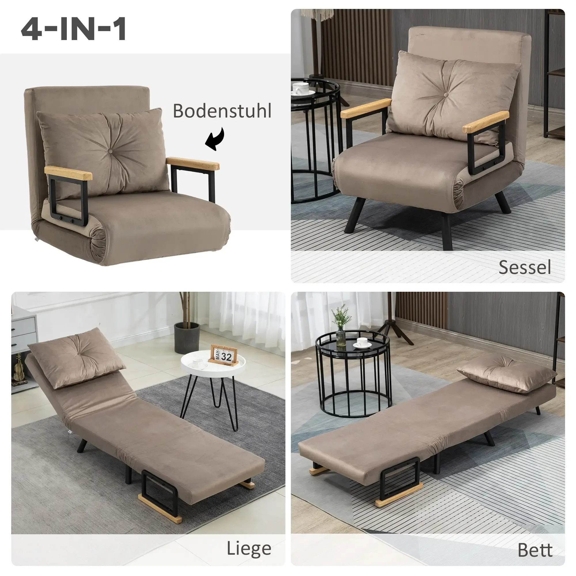 Vier Bilder zeigen das Schlafsofa in verschiedenen Konfigurationen: Stuhl, Bett, etc.