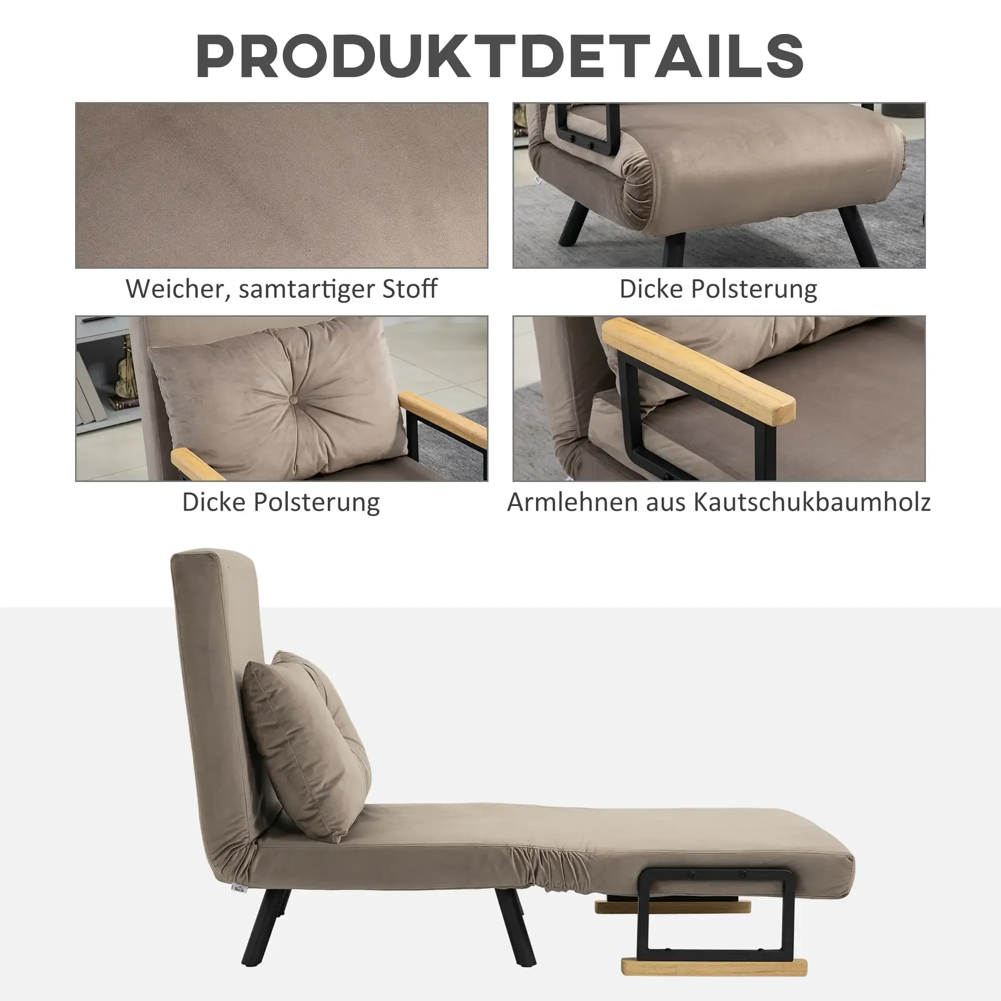 Produktdetails eines beigen Schlafsofas, mit Nahaufnahmen von Stoff, Armlehnen, etc.