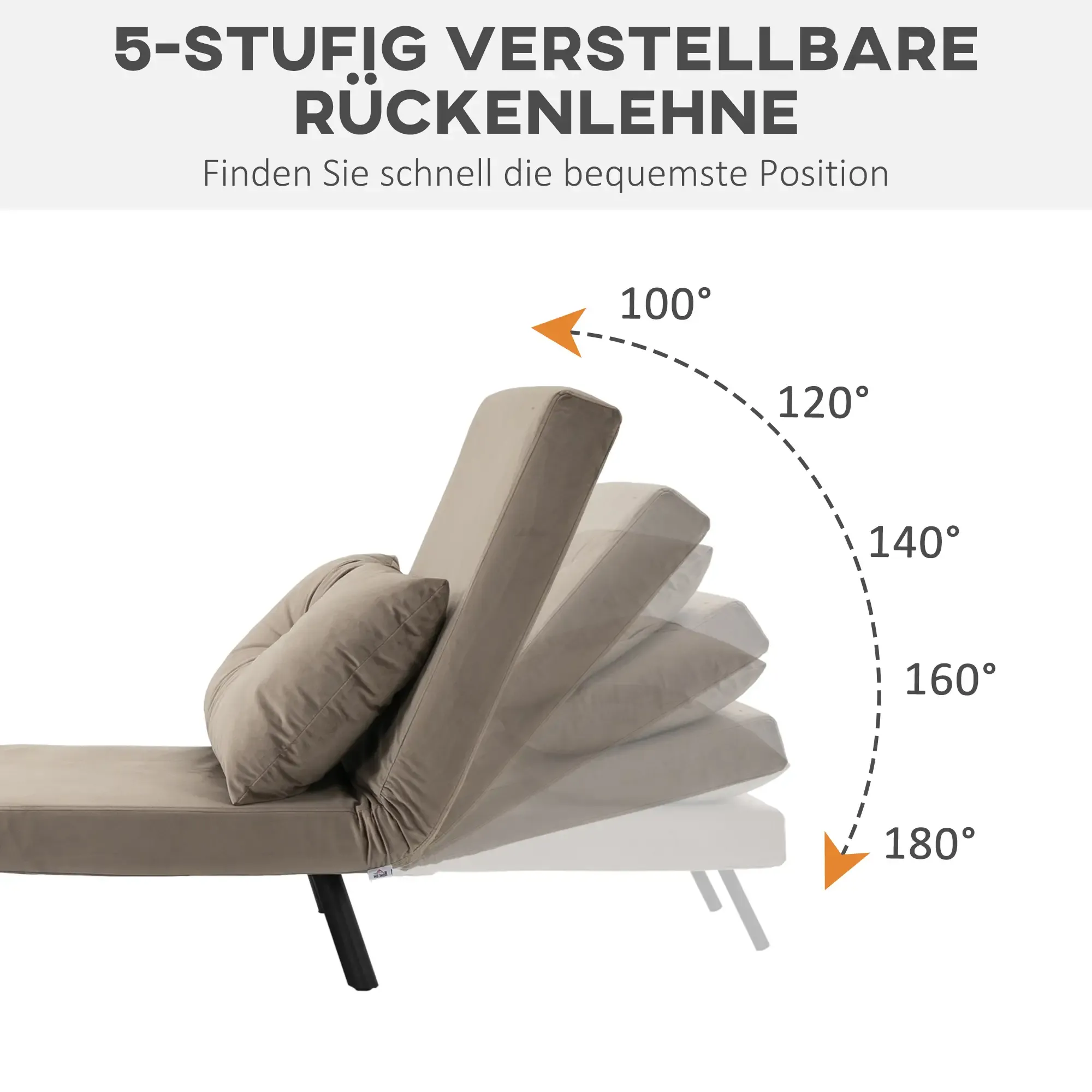 Verstellbares Schlafsofa in verschiedenen Positionen, Winkel 100° bis 180°.