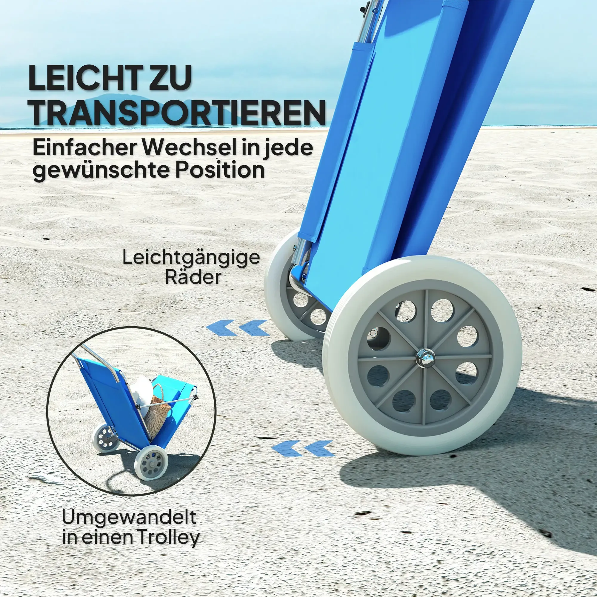 Ein Strandstuhl mit Rädern, der in einen Trolley umgewandelt wird. Die Umgebung ist ein Sandstrand.