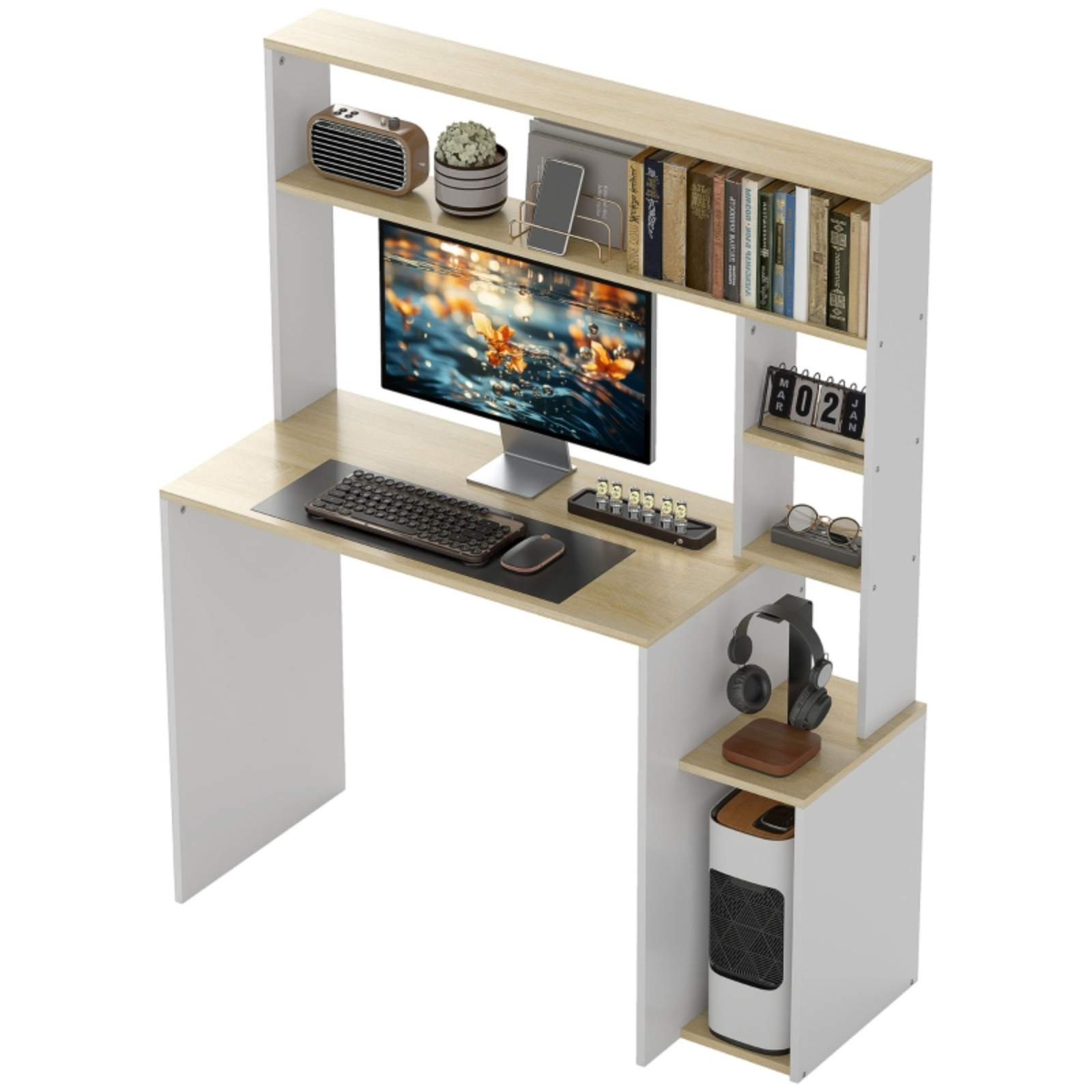 Computertisch mit Regalen, Monitor und Zubehör. Weißes und Holzfarbenschema. Abmessungen beschriftet.