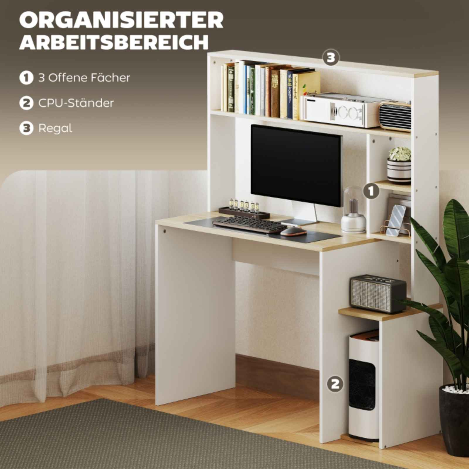 Ein weißer Schreibtisch mit Computer. Es gibt offene Regale, einen CPU-Ständer und ein Regal. Text: Organisierte Arbeitsfläche.
