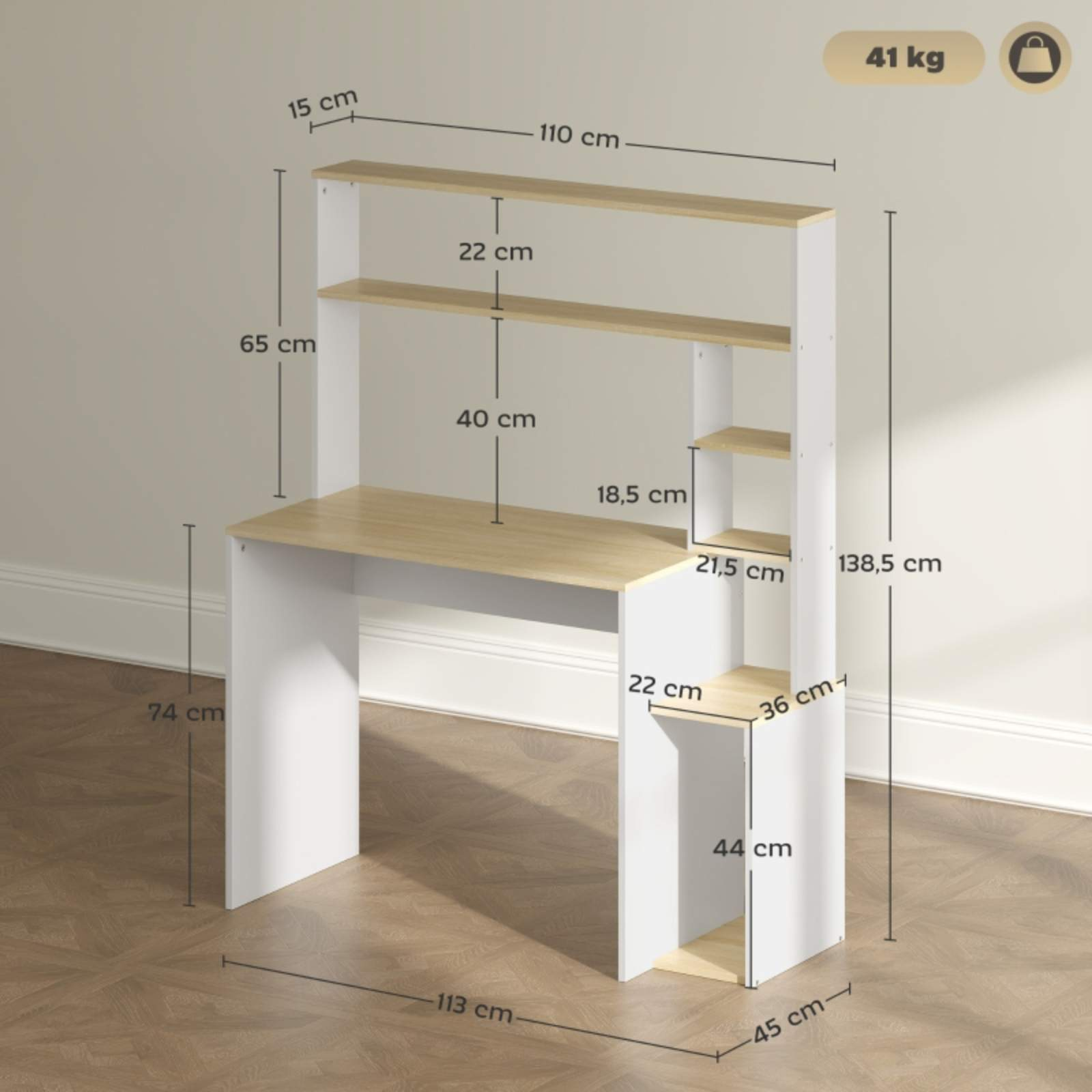 Computertisch mit Regalen, Monitor und Zubehör. Weißes und Holzfarbenschema. Abmessungen beschriftet.
