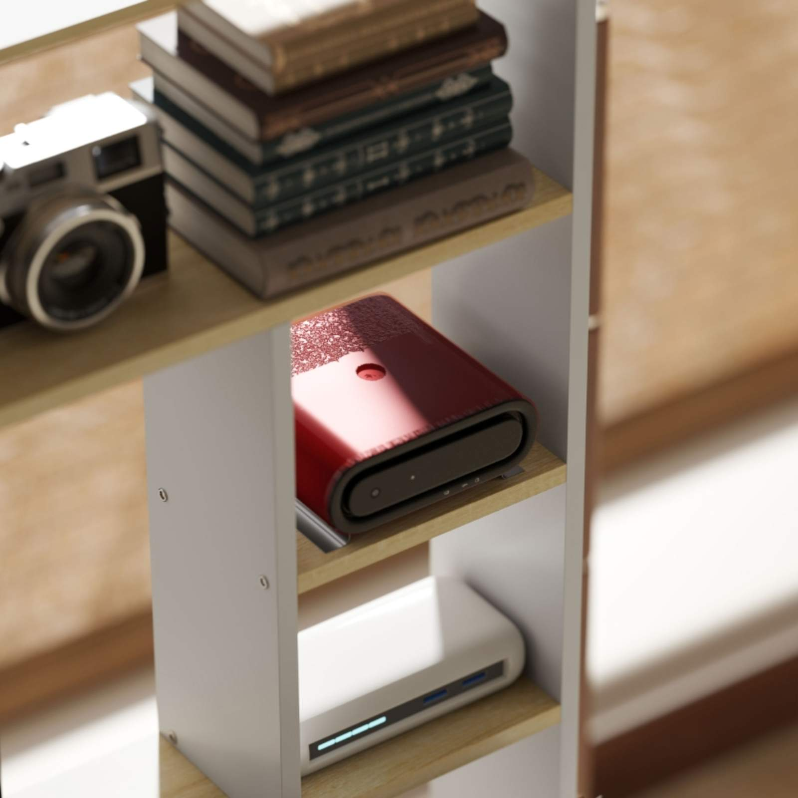 Ein Regal mit Büchern, einer Kamera und einem roten Gerät. Das Regal ist aus Holz, neutraler Hintergrund.