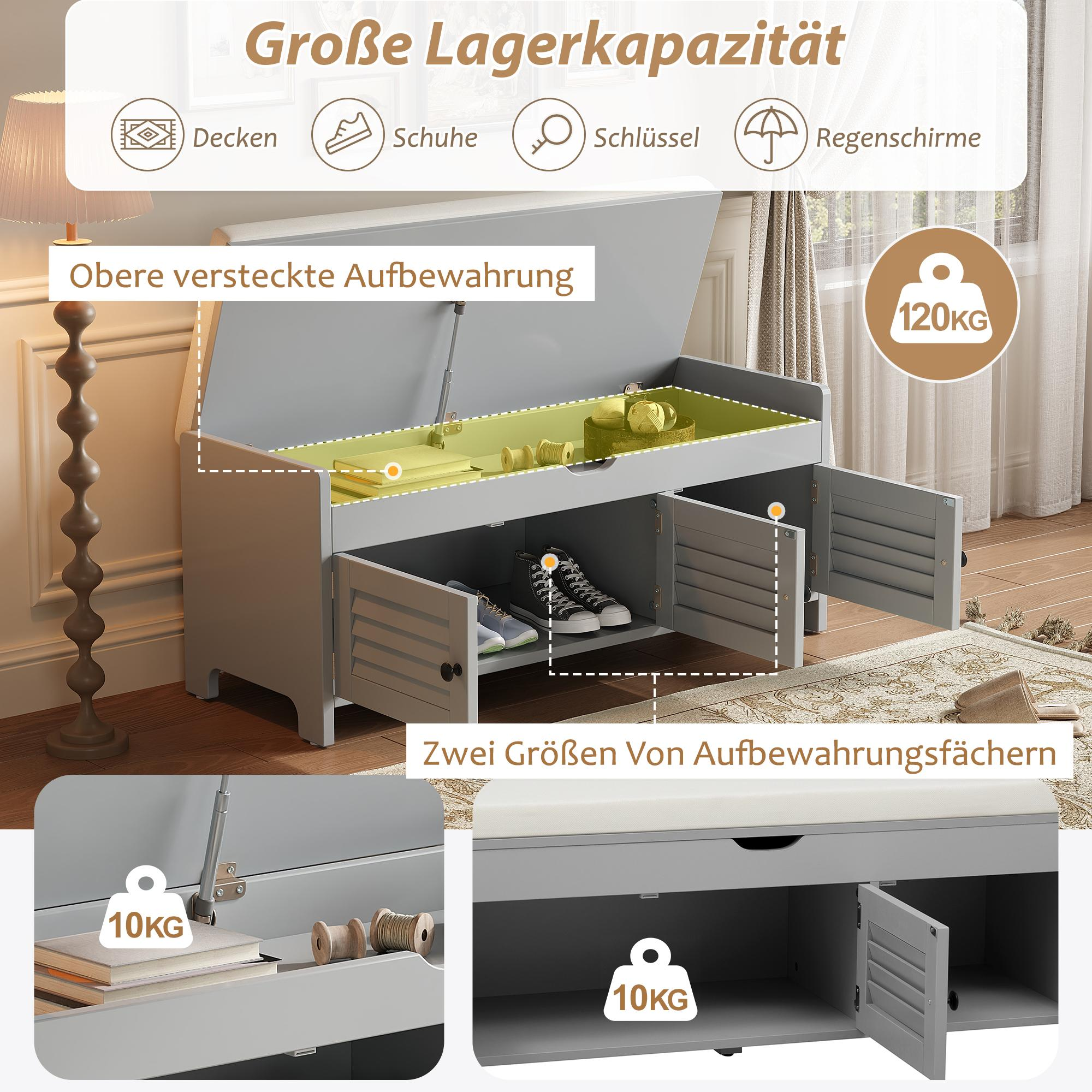 Graue Aufbewahrungsbank mit offenem Deckel, der Stauraum zeigt, und zwei Türen mit Schuhen.