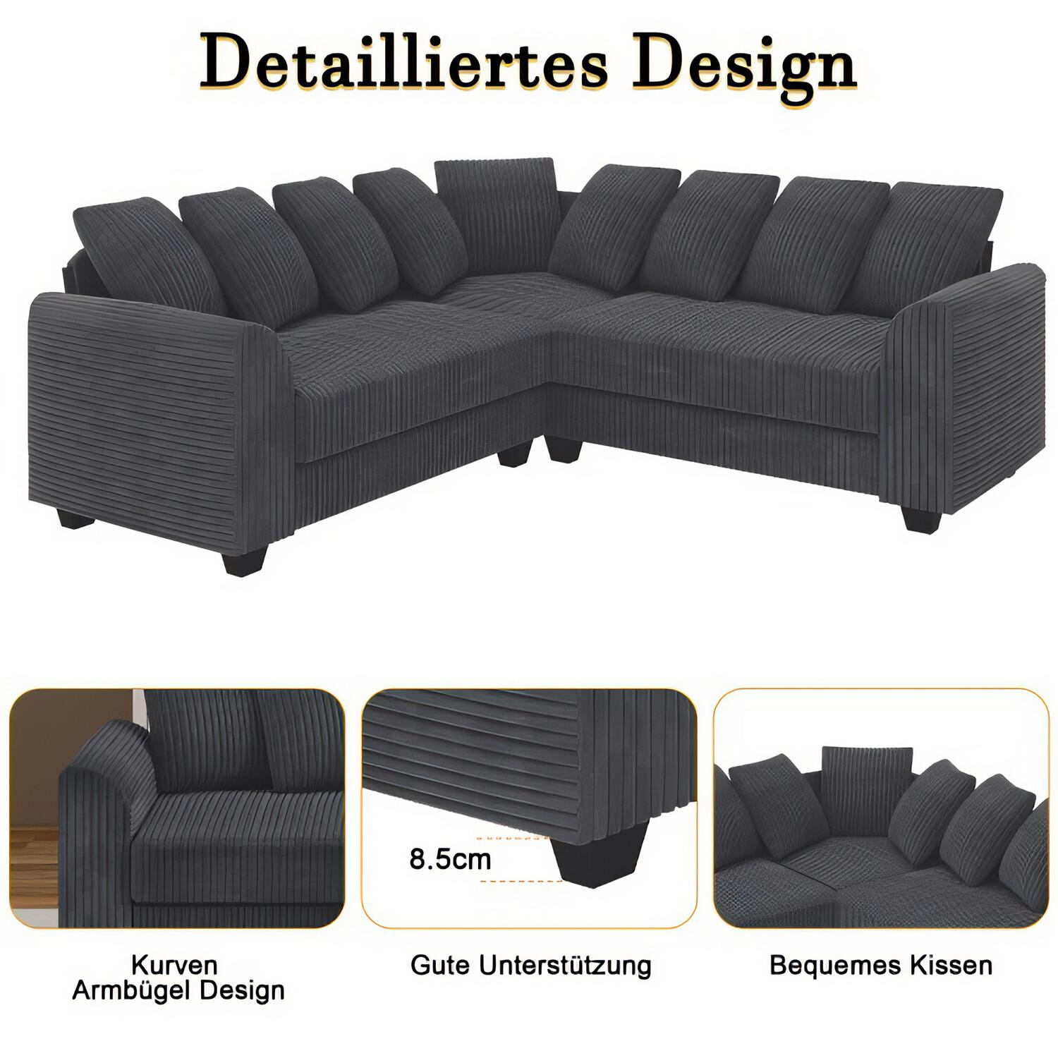 Dunkelgraues Ecksofa mit mehreren Kissen, vor schlichtem Hintergrund. Detaillierte Ansicht.