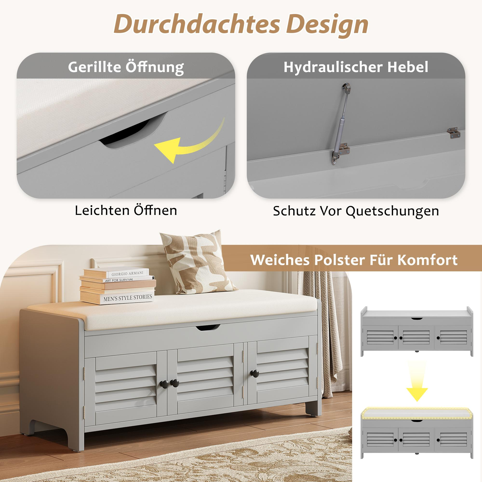 Graue Sitzbank mit Detailansichten des Öffnungsmechanismus und weicher Polsterauflage.