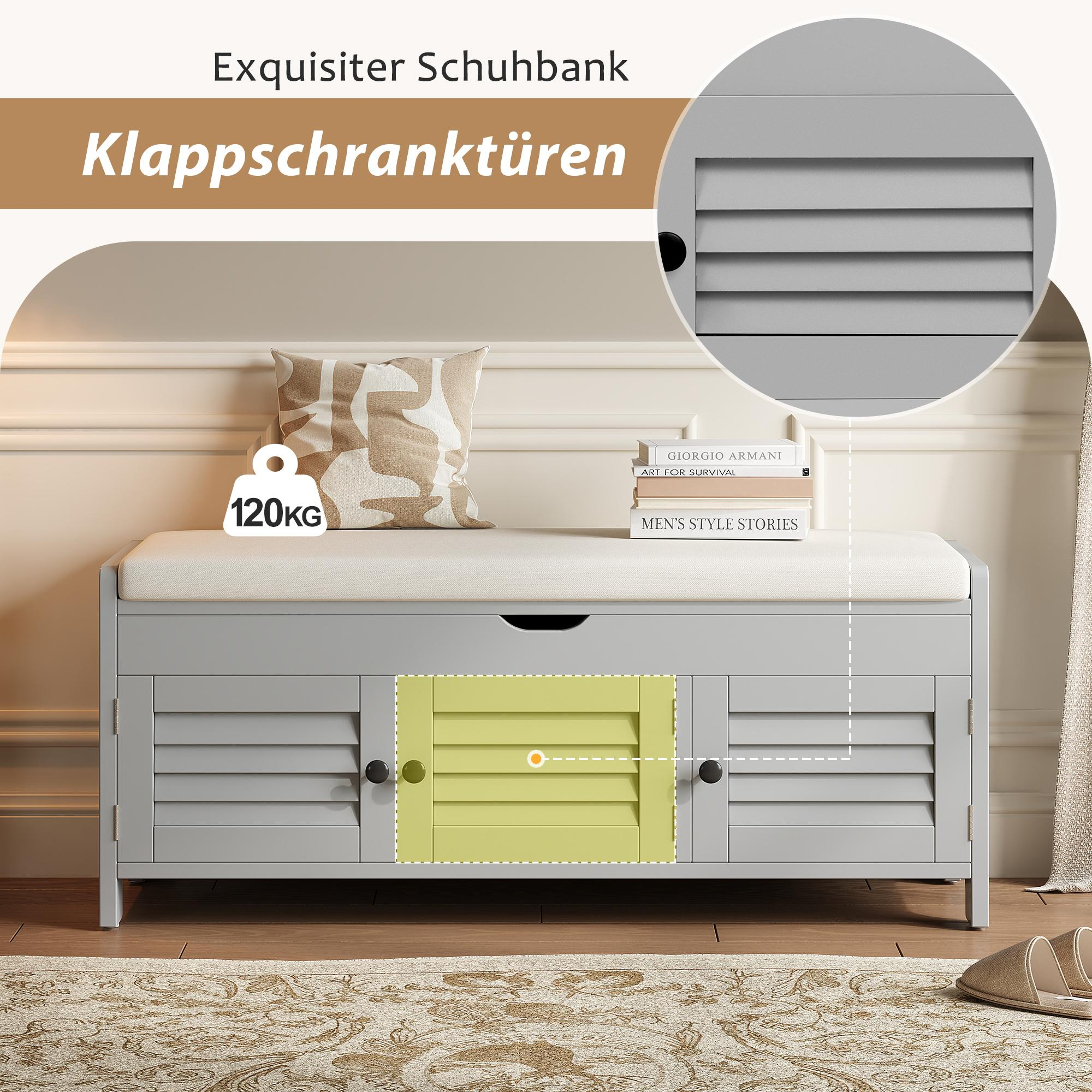 Ein Holzschrank mit weißem Kissen und gelber Tür.