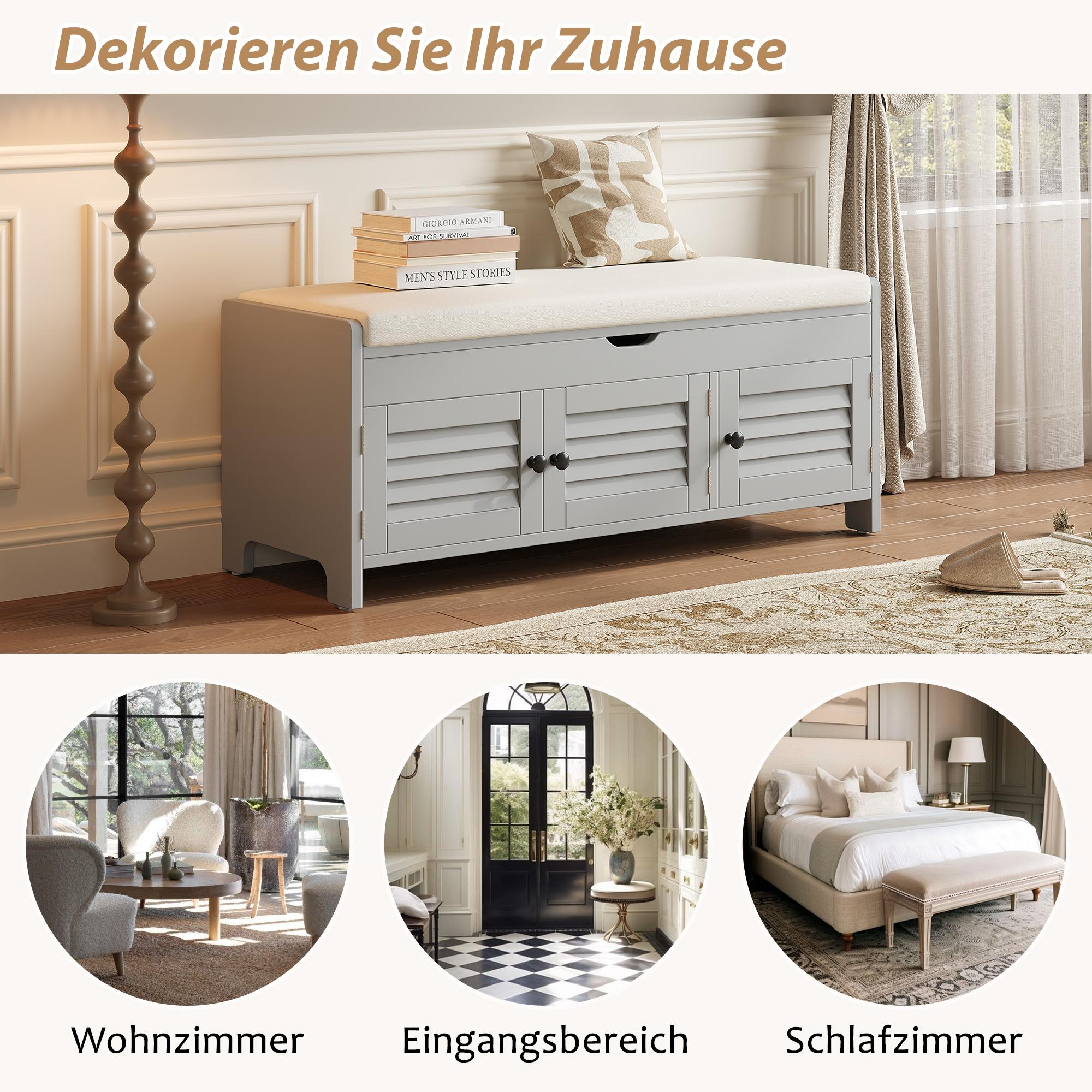 Eine Bank mit Türen und drei Bildern darunter: Wohnzimmer, Eingangsbereich und Schlafzimmer. Der Text lautet: Richte Dein Zuhause ein.
