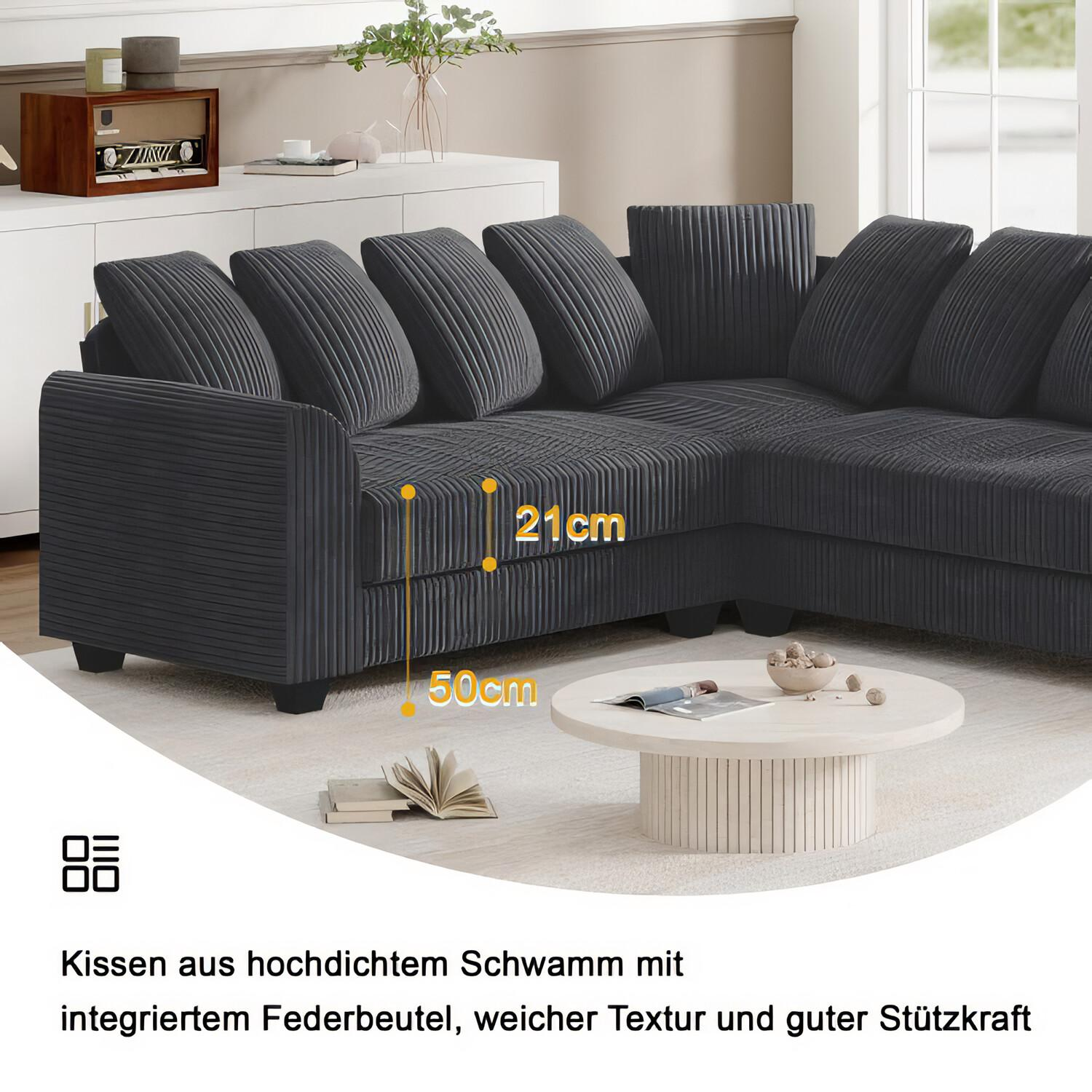 Dunkelgraues Ecksofa, mehrere Kissen. Maße in cm angegeben. Weißer Hintergrund.