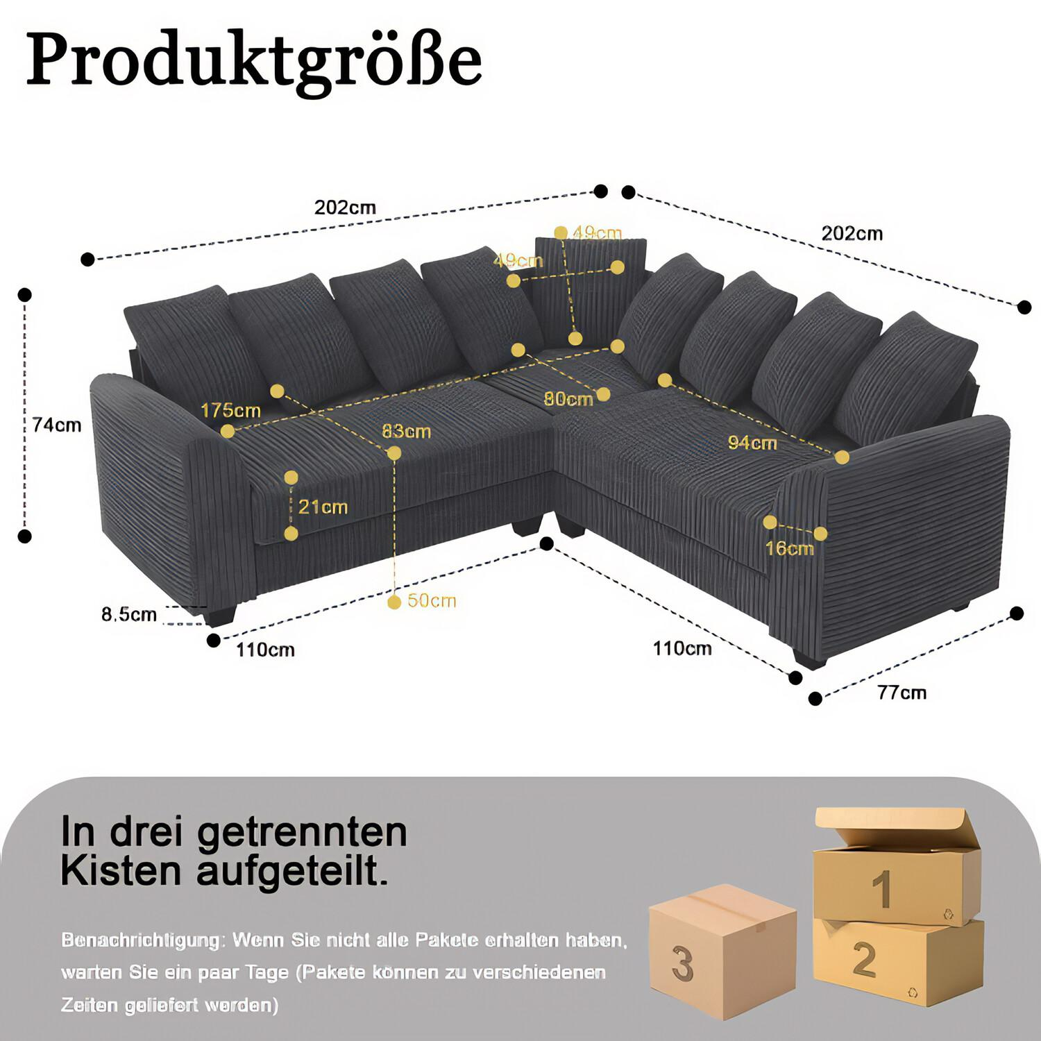 Ein Diagramm eines dunkelgrauen Ecksofas mit Abmessungen und Boxen.