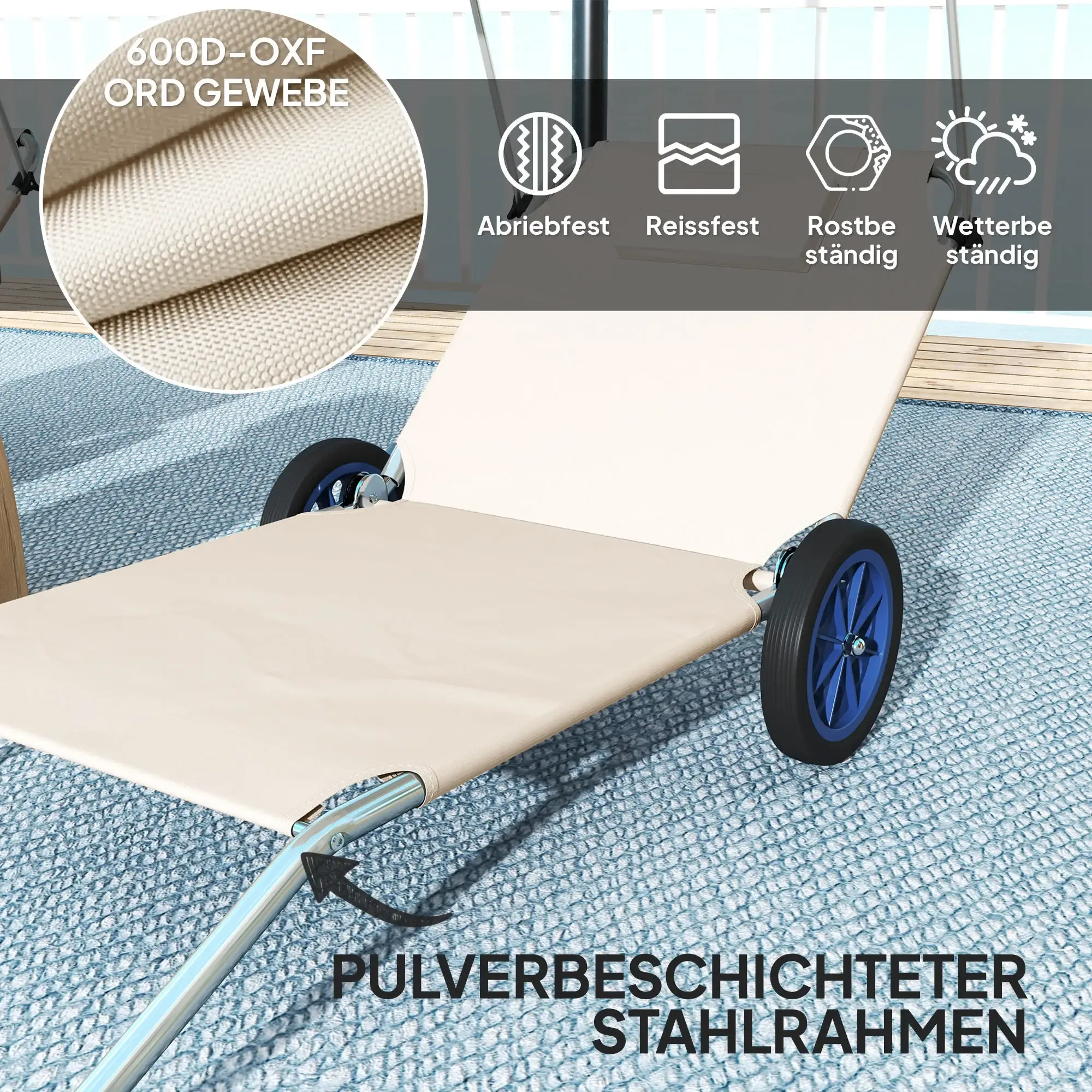 Beiger Liegestuhl mit blauen Rädern, mit Text über Material und Haltbarkeit.