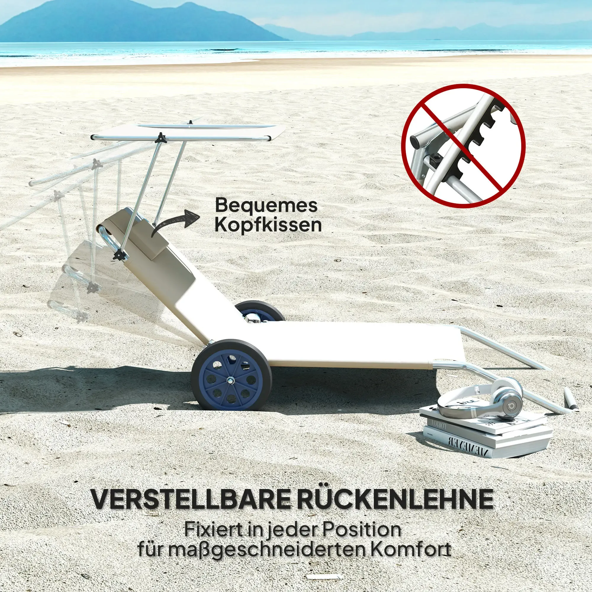 Ein Strandstuhl mit Abmessungen und Text, der verstellbare Rückenlehne sagt. Bücher sind unten.