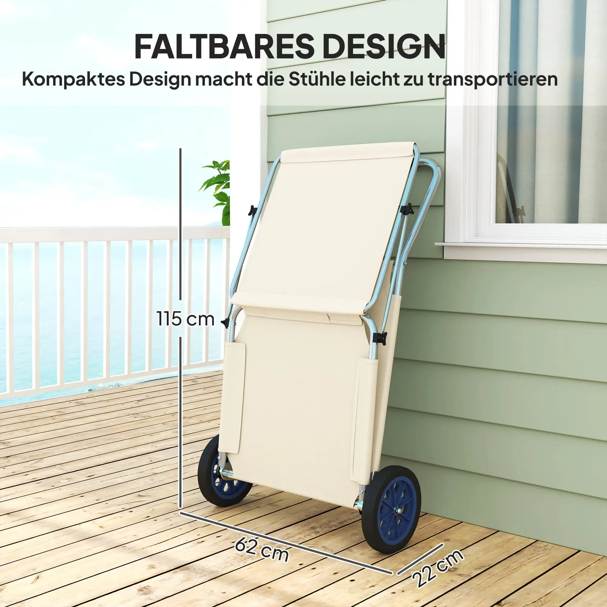 Ein zusammengeklappter Strandstuhl auf Rädern. Text sagt, faltbares Design. Abmessungen werden überlagert.