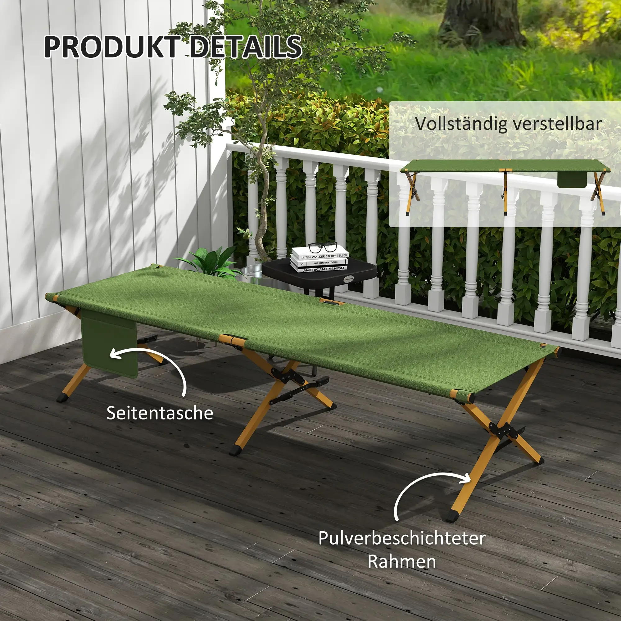 Ein grünes Campingbett mit Text und Details. Text sagt, Seitentasche und pulverbeschichteter Rahmen.