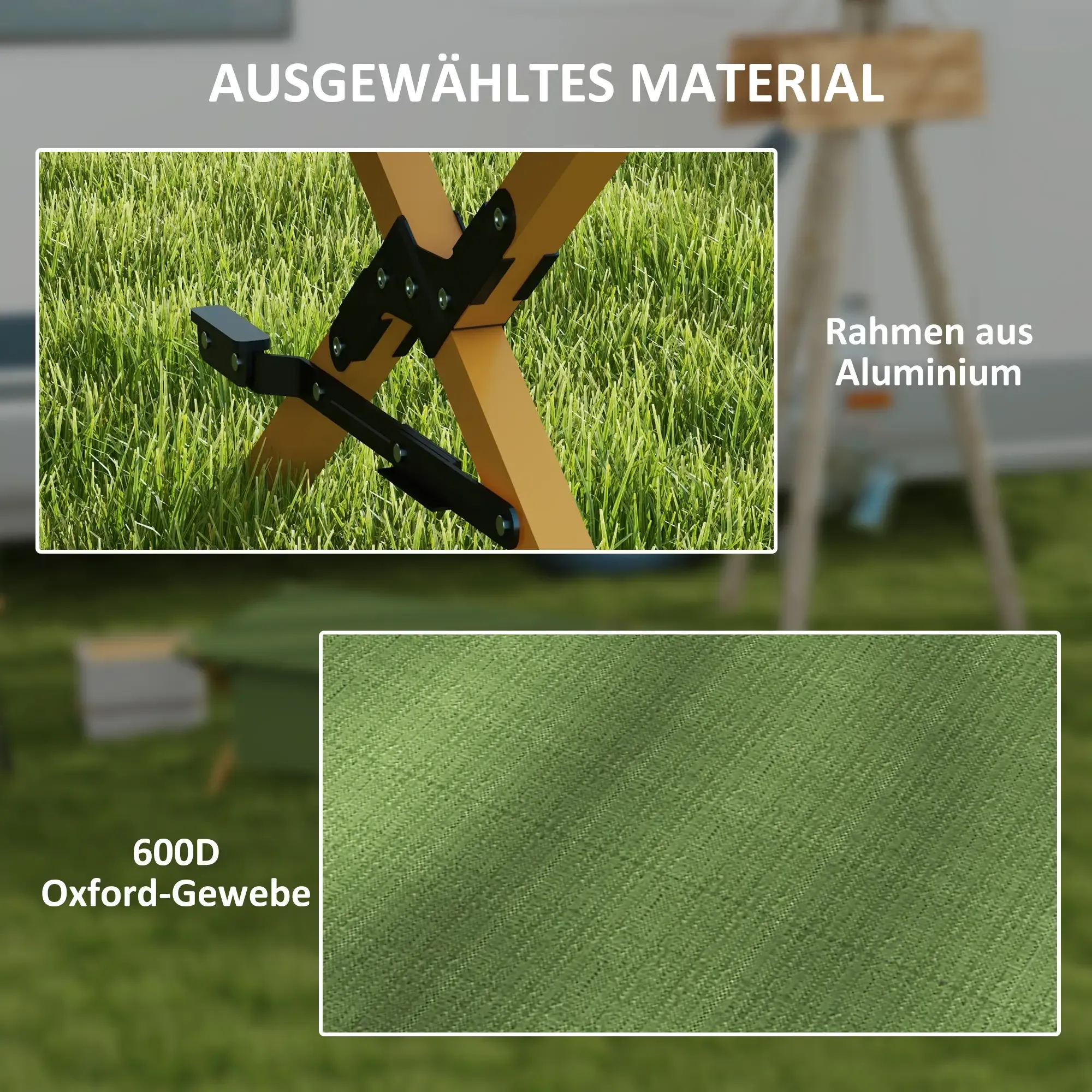 Nahaufnahme eines Tischgestells und Stoffes. Text sagt: ausgewähltes Material. Aluminiumrahmen und Oxford-Gewebe.