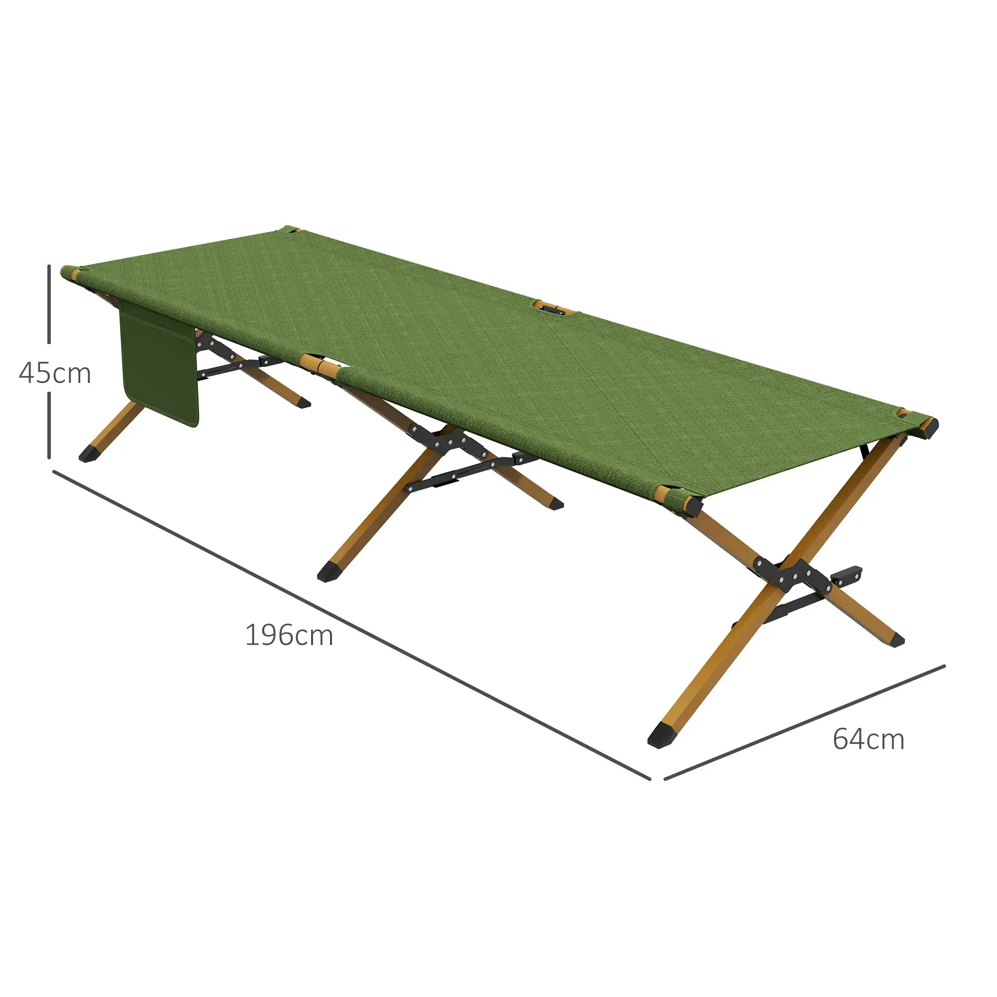 Grünes Campingbett mit Abmessungen. Text sagt, 196 cm lang und 64 cm breit. Eine Seitentasche ist vorhanden.