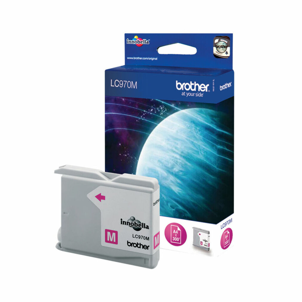 Un cartucho de tinta magenta Brother LC970M en una caja, con el cartucho y la caja visibles.