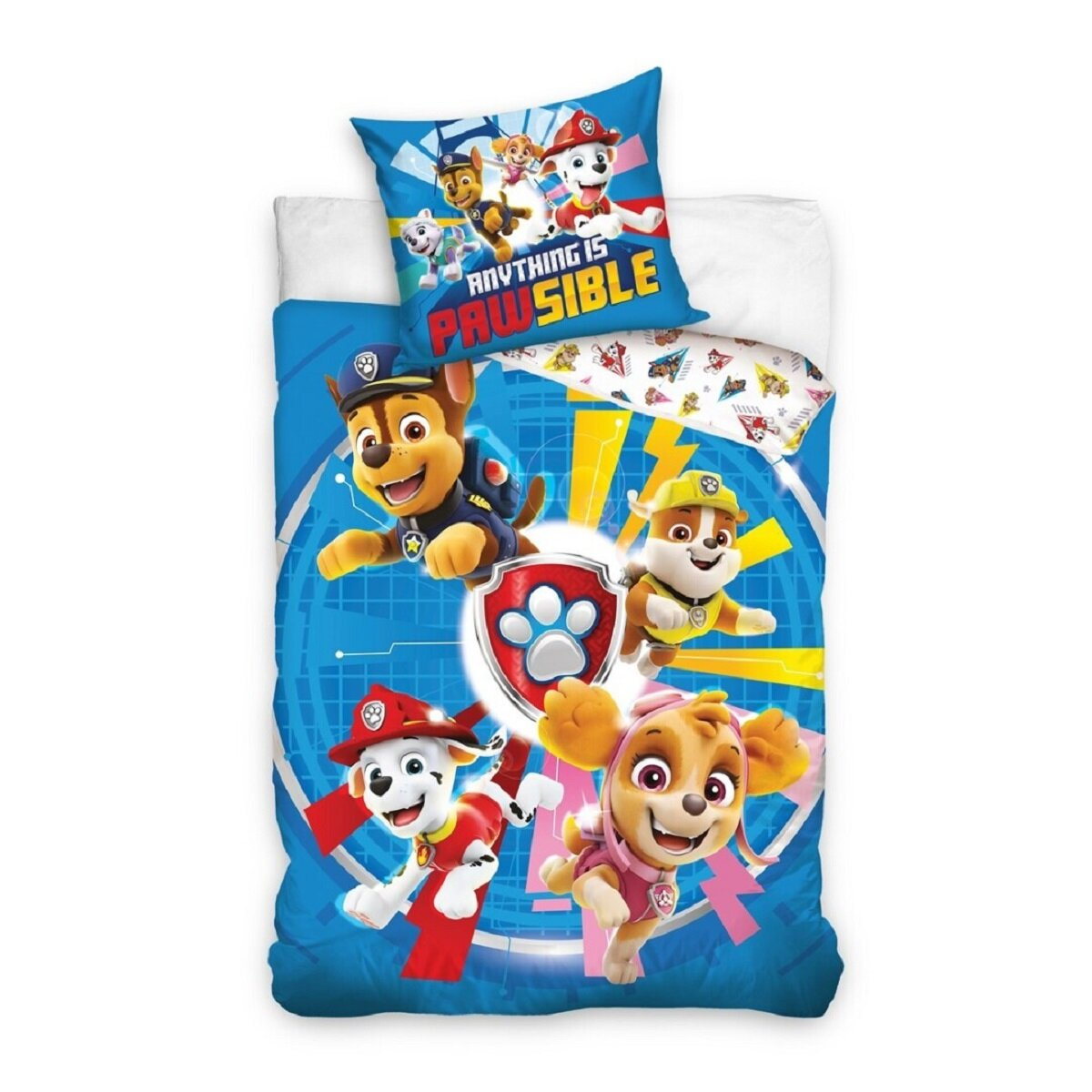 Paw Patrol Bettwäsche-Set mit den Welpen auf der Bettdecke. Kissenbezug sagt 'Anything is Pawsible'.