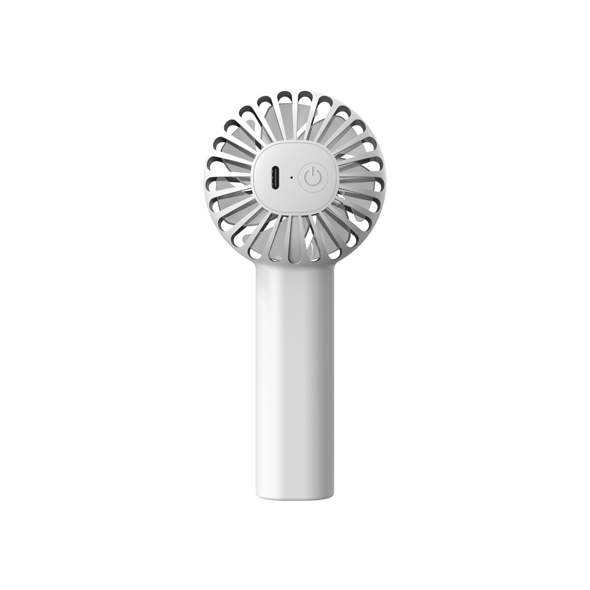 Un ventilatore portatile bianco con una testa rotonda e un'impugnatura. La testa ha un pulsante di accensione e una porta di ricarica.