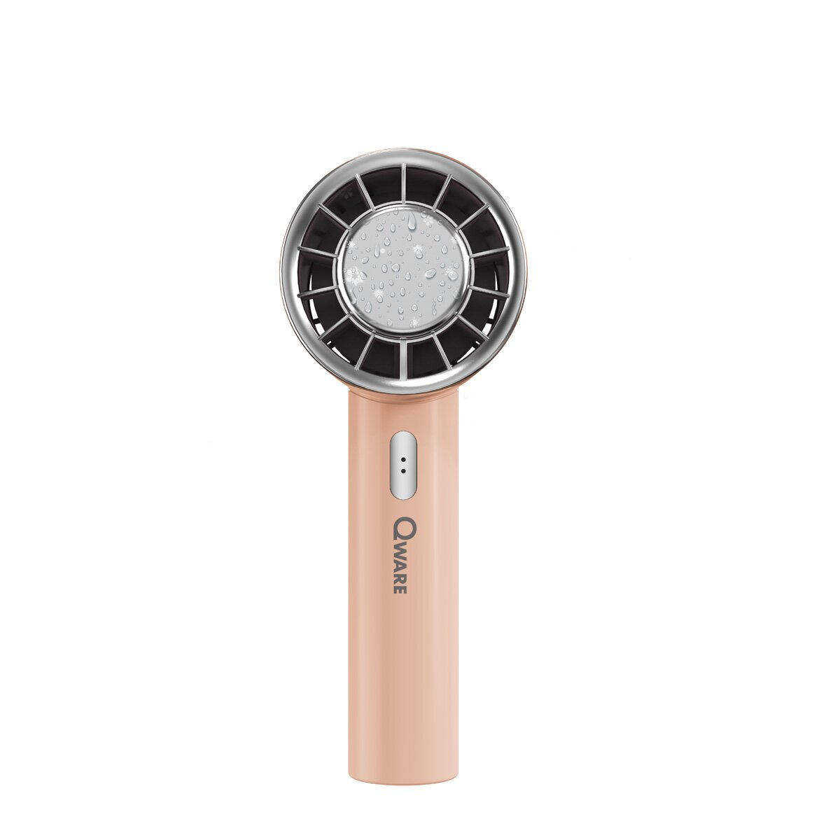 Ein rosa Handventilator mit rundem Lüfterschutz und langem Griff. Markenname 