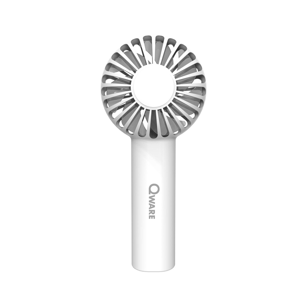 Ventilatore portatile bianco con pale grigie e manico bianco con logo QWare.