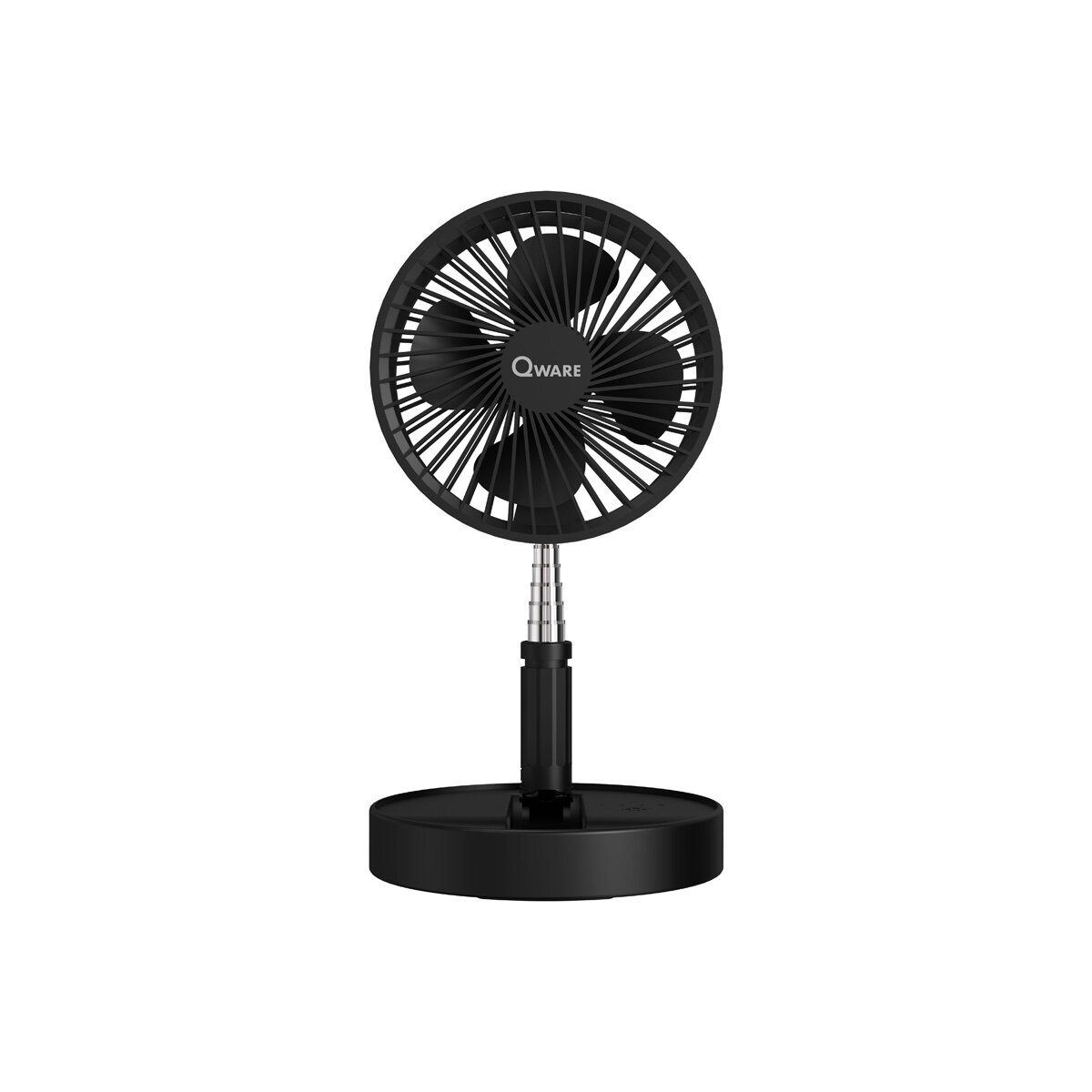Ein schwarzer Ventilator mit drei Flügeln, schwarzem Sockel und Ständer.