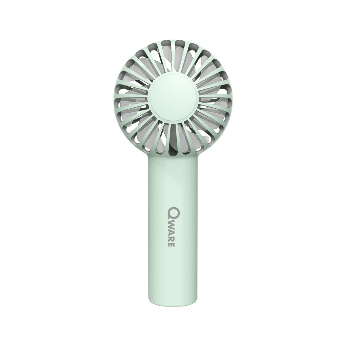 Ein grüner Handventilator mit rundem Lüfterschutz und langem Griff. Markenname 