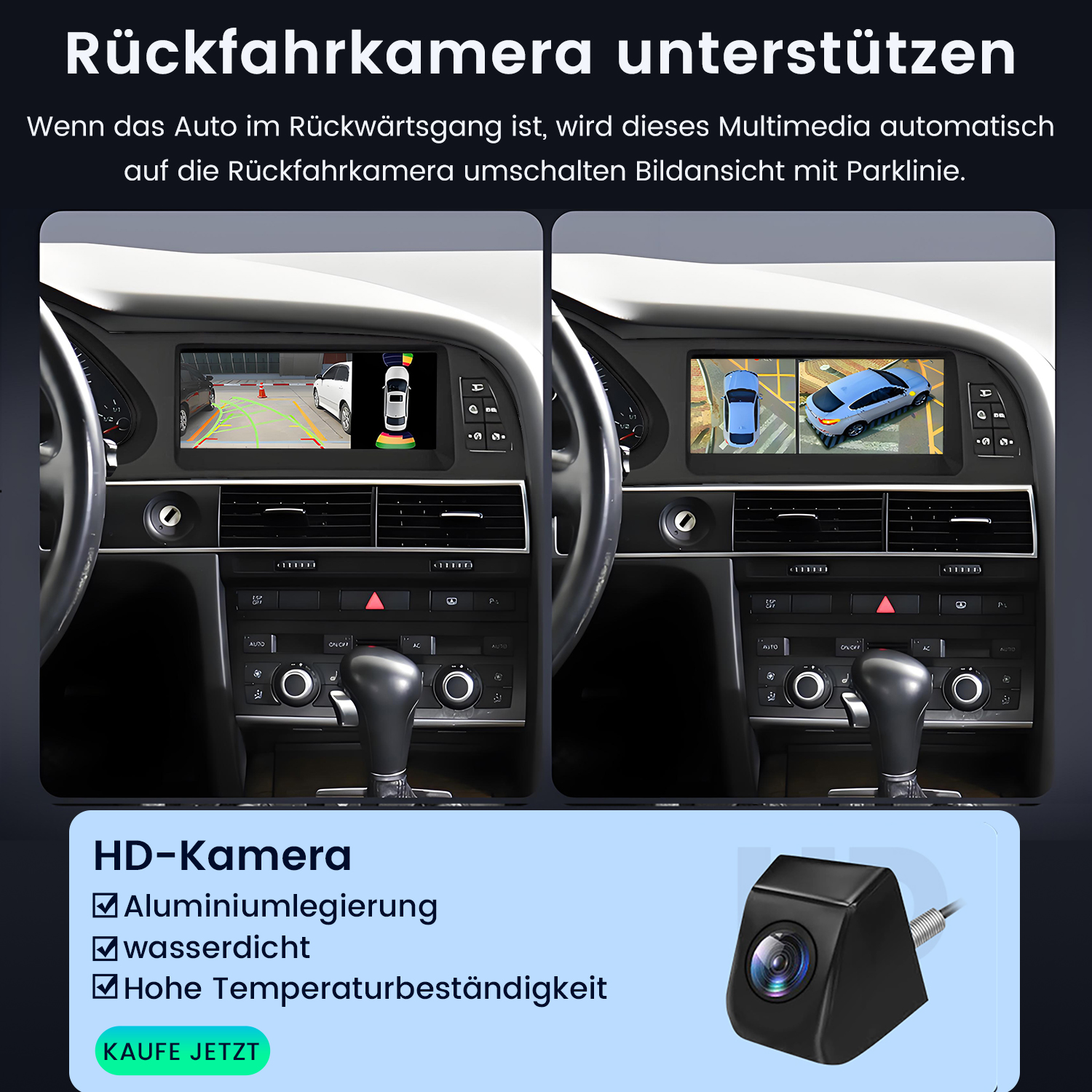 Zwei Armaturenbrettbildschirme mit Rückfahrkameraansichten und Text.